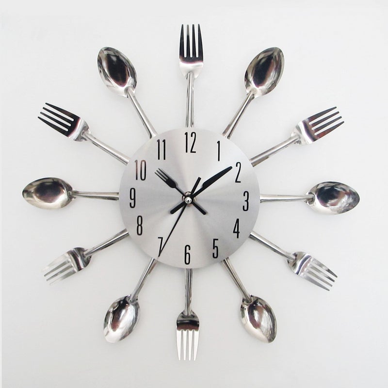 Zegar kuchenny z efektem lustra, z łyżką, widelcem i zdejmowaną naklejką 3D do dekoracji domu, 32*32*4 cm, metaliczny srebrny