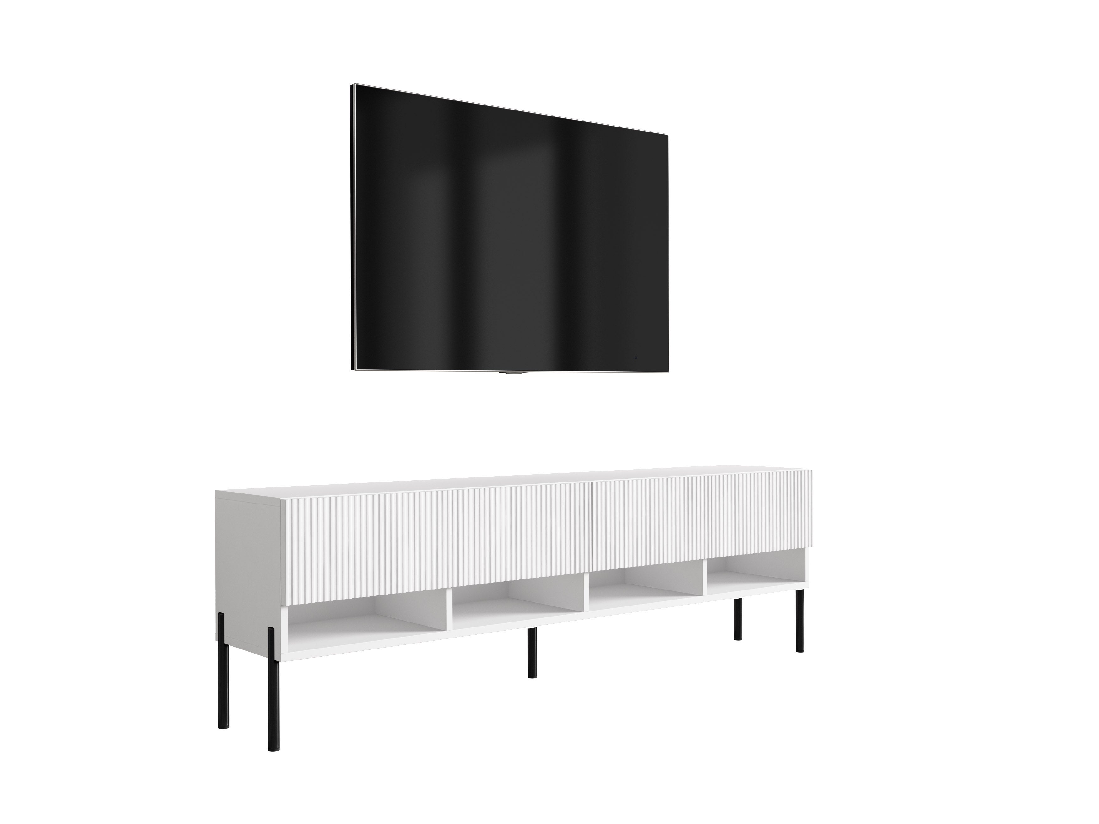 Szafka pod telewizor 170, fronty ryflowane, Biały Mat, nóżki proste czarne, 170 × 32 × 52 cm