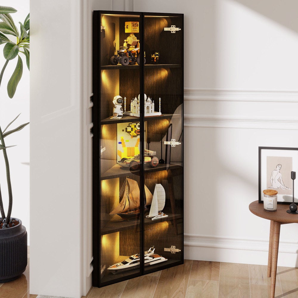Witryna LED szklana 62x35x160 cm czarna szafka narożna z hartowanego szkła, oświetlenie LED, aluminiowa rama, soft close