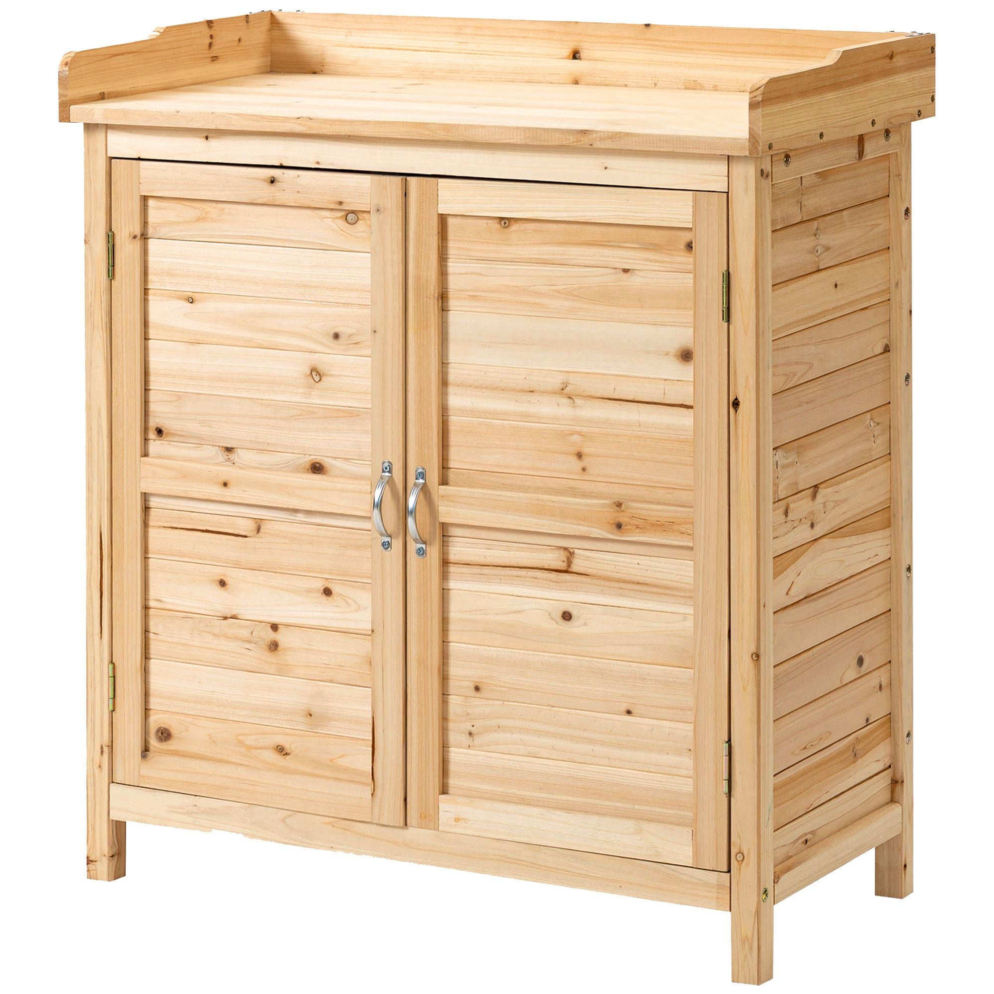Dwupoziomowa szafka ogrodowa z drewna jodłowego z tłoczonym wzorem i dwoma drzwiami, 83 x 40 x 92 cm