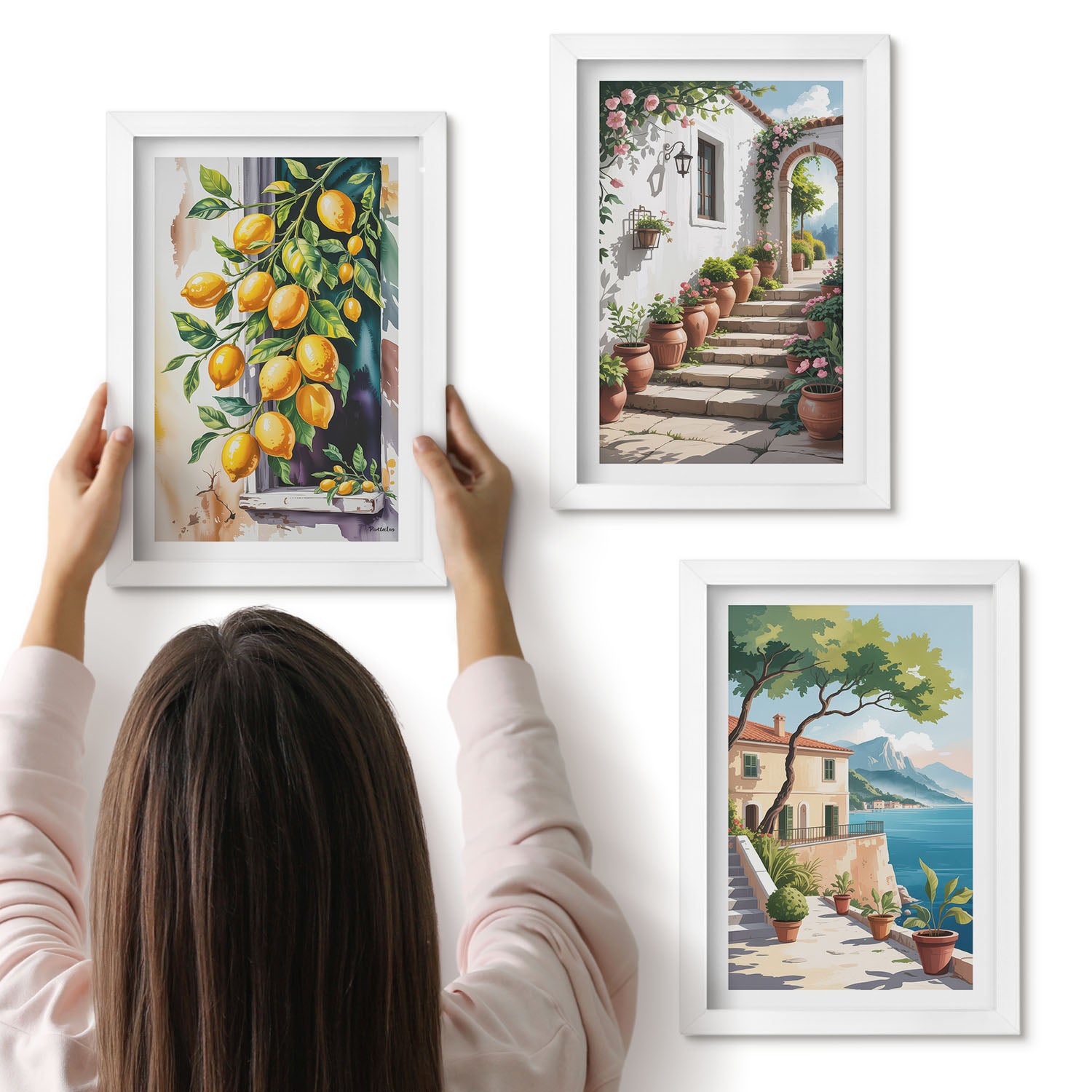 Galeria ścienna 3-częściowy komplet obrazów w białych ramach - Cytryny na tle kwiatów i widoki nadmorskie - ArtPrintCave