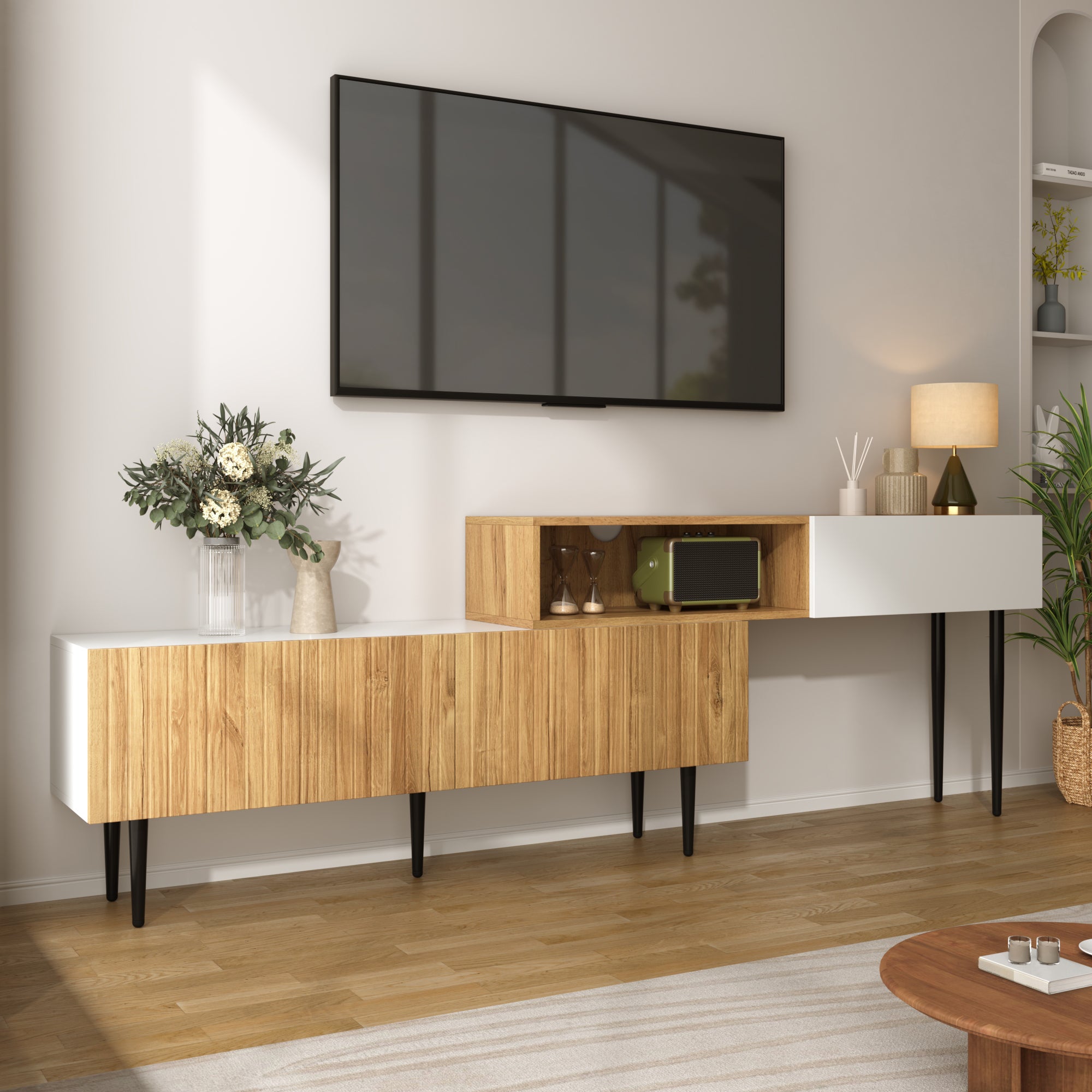 Nowoczesna szafka RTV z 3 drzwiami - 130/220 x 30 x 63,4 cm - Płyta MDF i płyta wiórowa - Naturalny i biały
