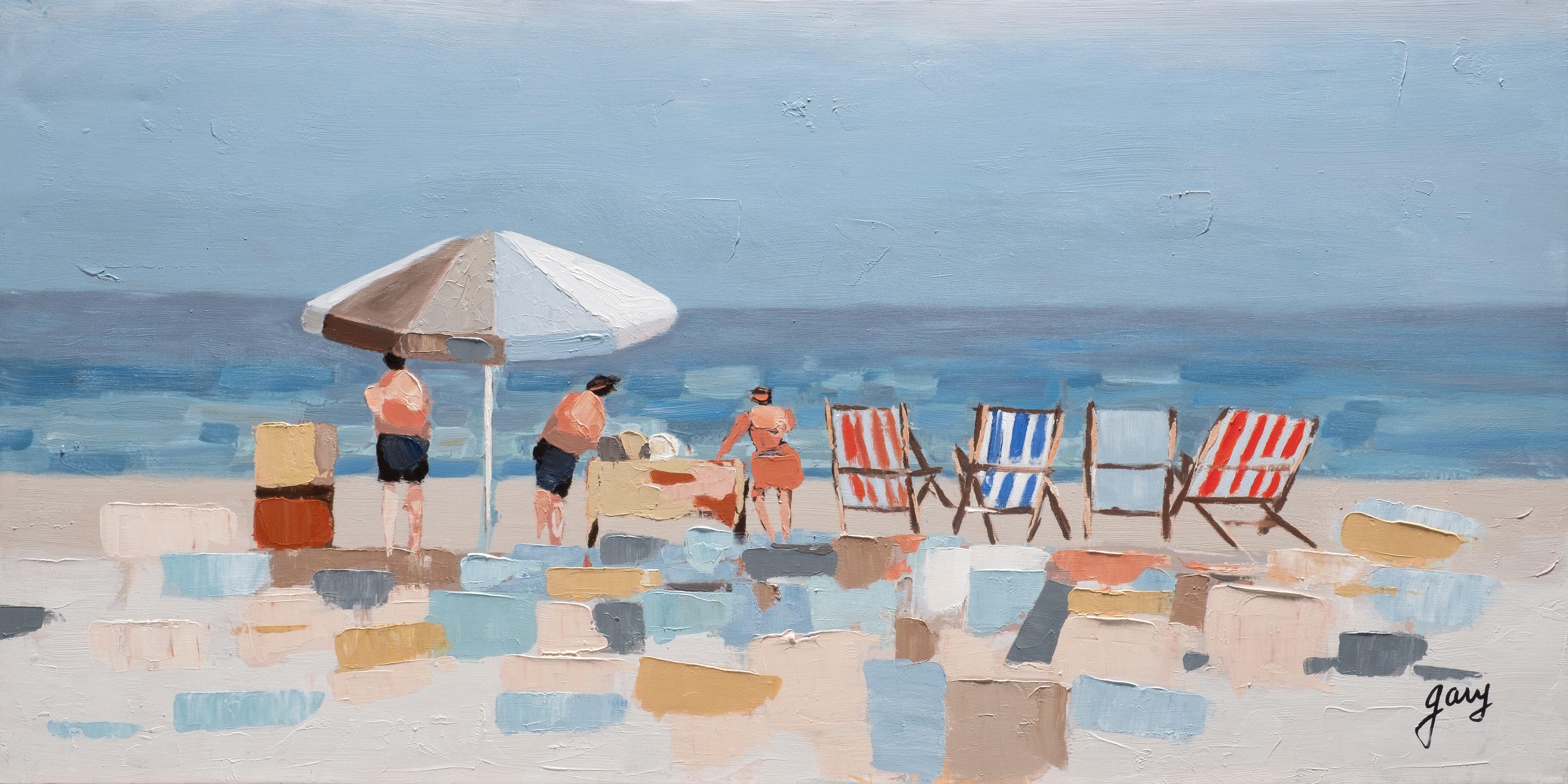 Obraz na płótnie Morze 120 x 60 cm, wielokolorowe leżaki i cienie