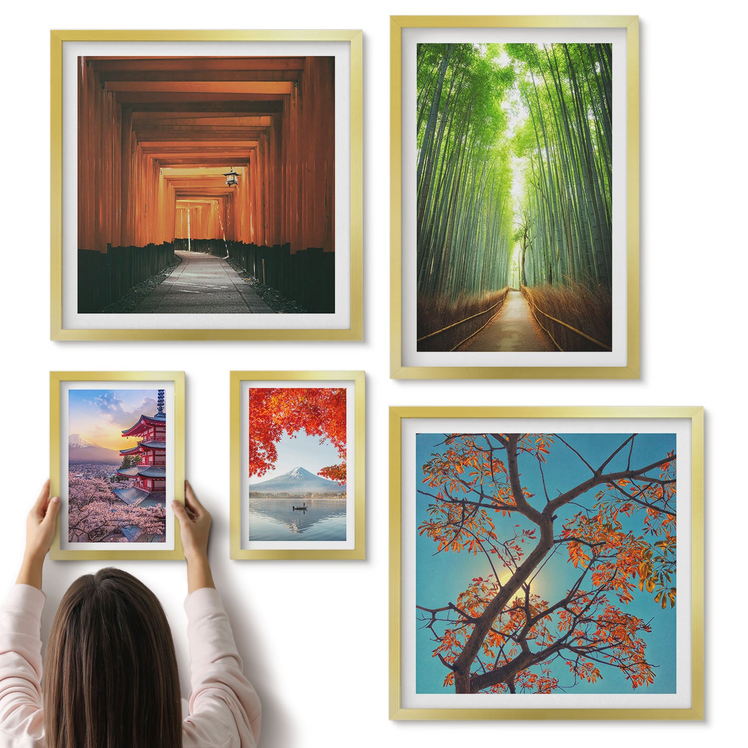 Galeria ścienna 5-częściowy komplet obrazów w złotych ramach - Krajobrazy Japonii z bambusami i wiosennymi kwiatami - ArtPrintCave
