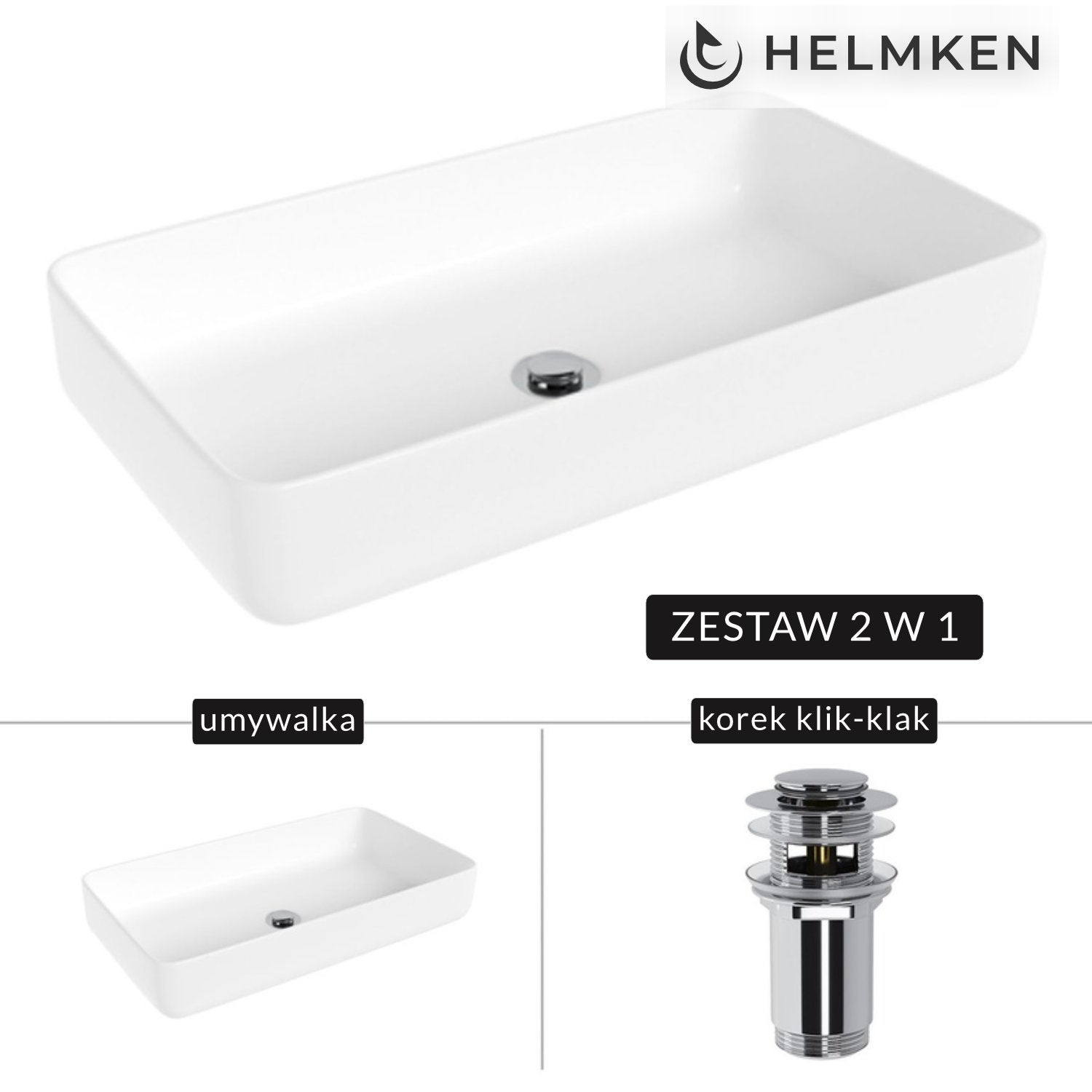 Umywalka nablatowa Helmken 48760000 (60x34) Biała + Korek klik-klak Chrom