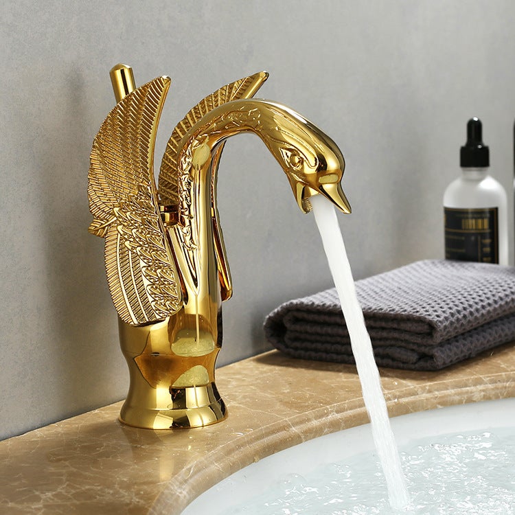 Bateria umywalkowa Vintage Gold Swan do łazienki z mieszaczem wody ciepłej i zimnej z wężem dopływowym G3/8
