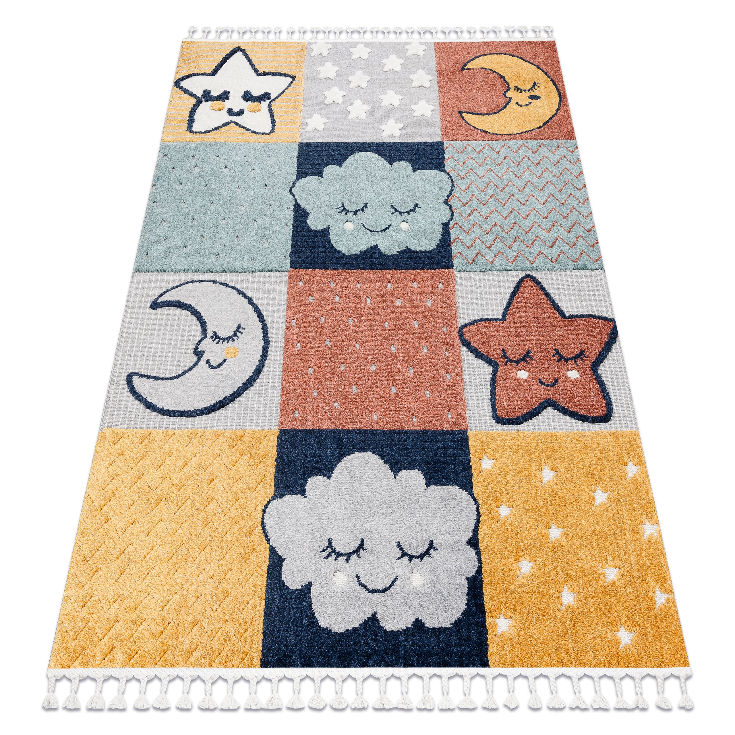 Dywan YOYO GD52 szary / żółty - Gwiazdki, chmurki, patchwork dla dzieci, strukturalny, sensoryczny Frędzle 140x190 cm