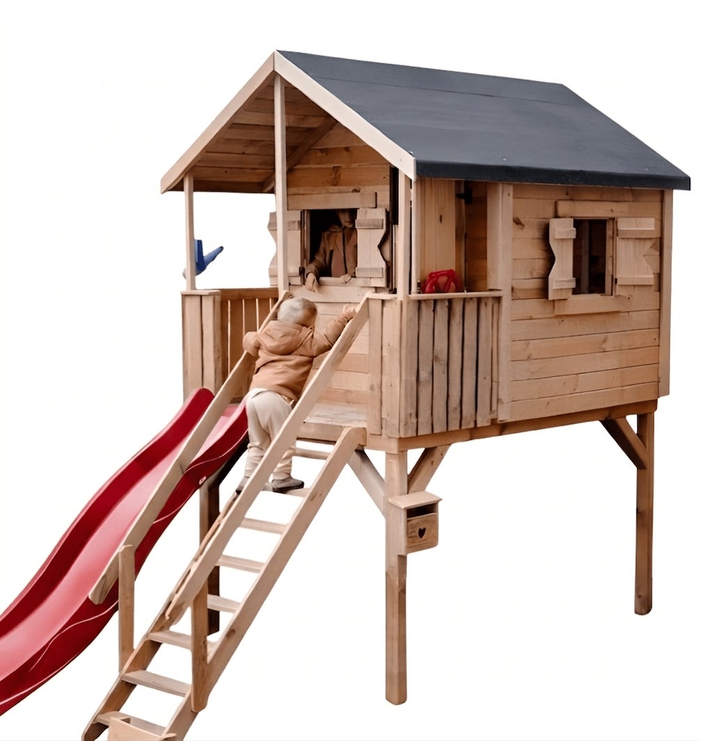 Drewniany domek dla dzieci Magiczny Domek ze czerwoną zjeżdżalnią i podestem 120cm 1szt.