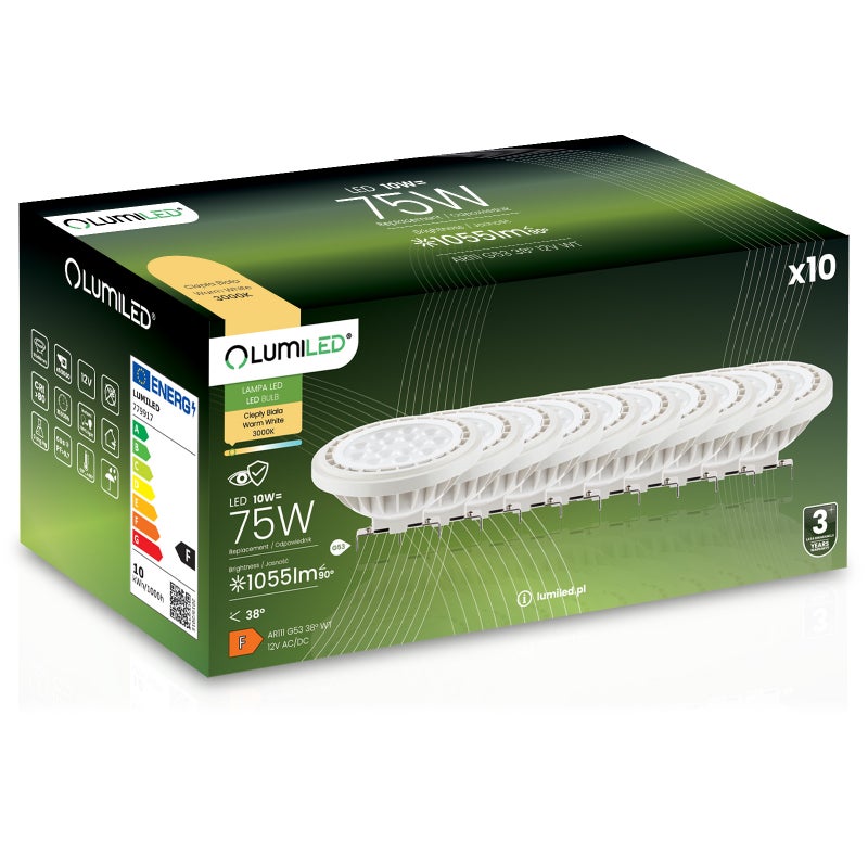 Żarówka LED Lumiled G53 Reflektor AR111 10W 1055lm 3000K Ciepła biel 38st 12V 10 szt.
