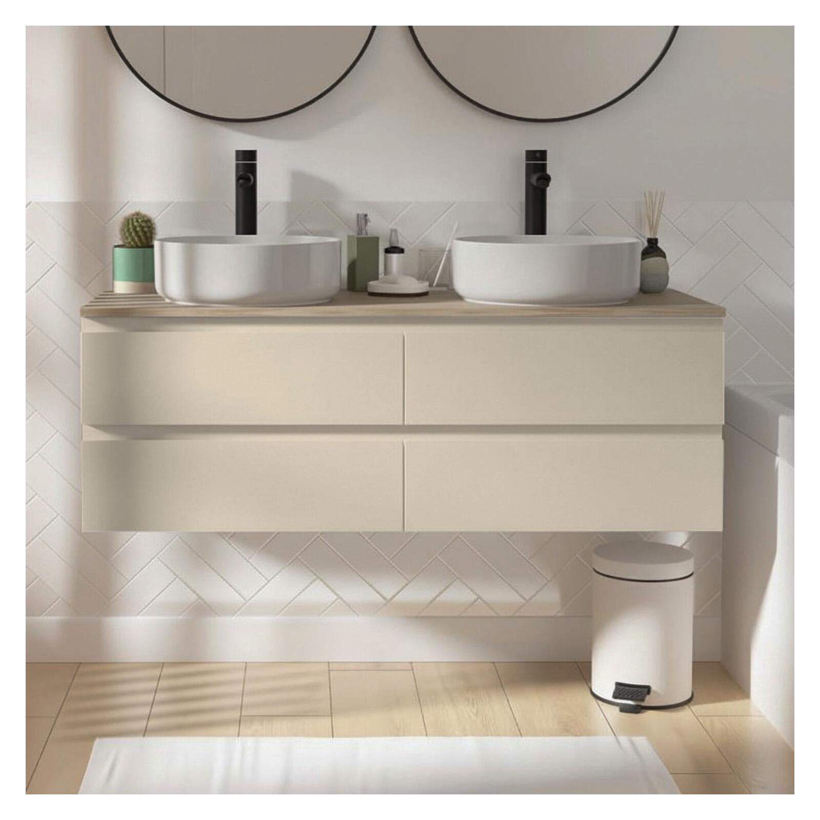 SORRENTO 120 cm szafka ścienna z podwójną umywalką, blatem drewnianym, umywalkami i kranami