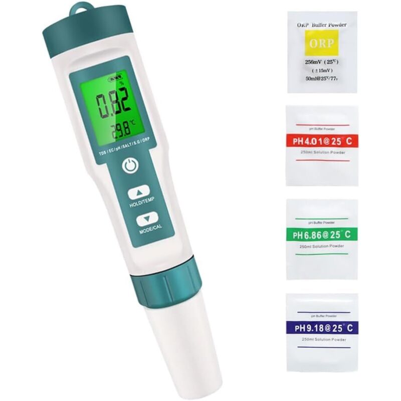 7-w-1 tester TDS/EC/zasolenia/ORP/SG/temperatury/pH z podświetlanym miernikiem pH, wysoka precyzja, odpowiedni do basenów z wodą pitną i akwariów labo