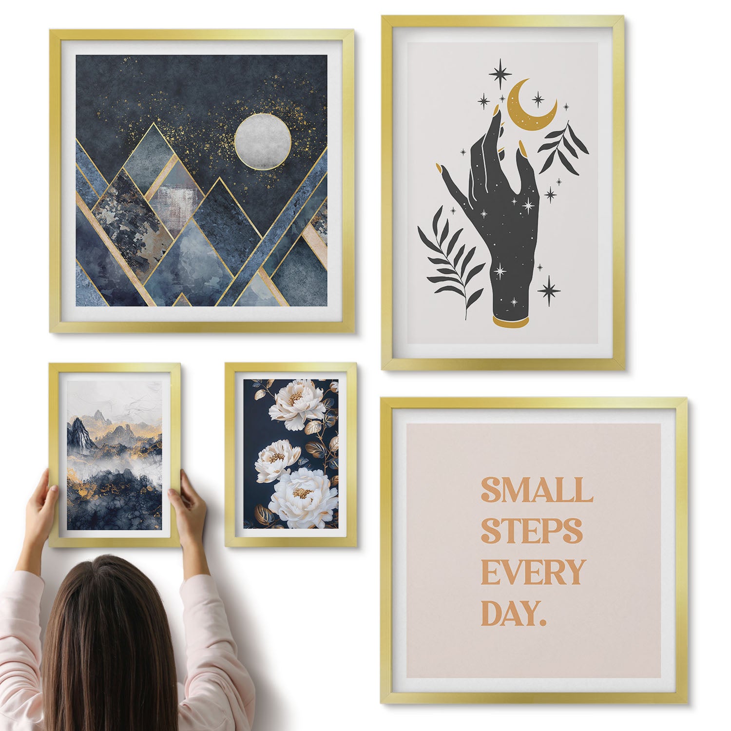 Galeria ścienna 5-częściowy komplet obrazów w złotych ramach - Styl boho z inspiracjami natury i pozytywnymi przesłaniami - ArtPrintCave