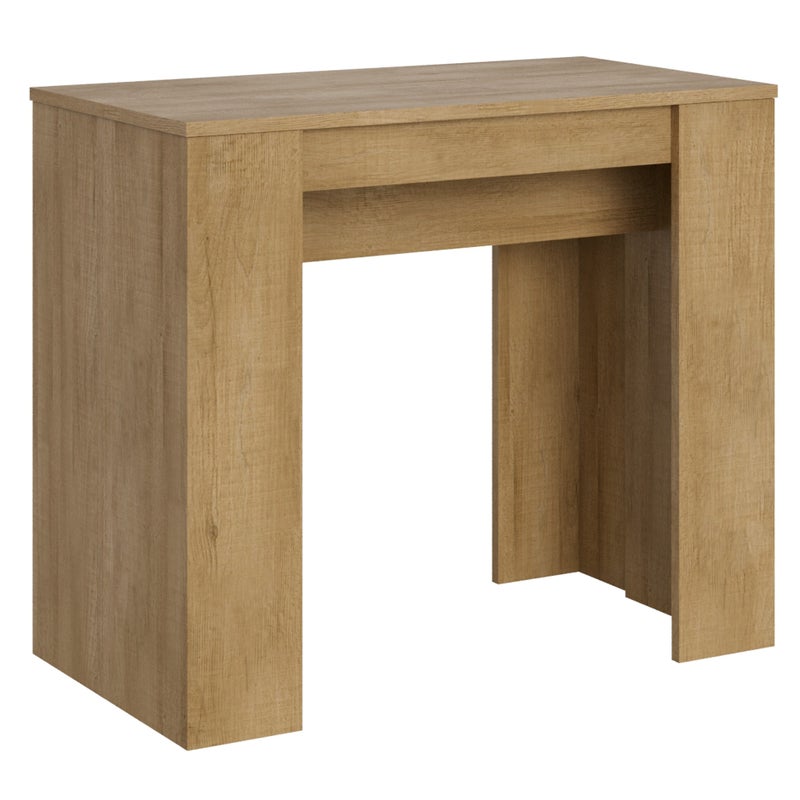 Mesa consola básica de roble natural de 90x40 cm, extensible hasta 308 cm de longitud máxima.