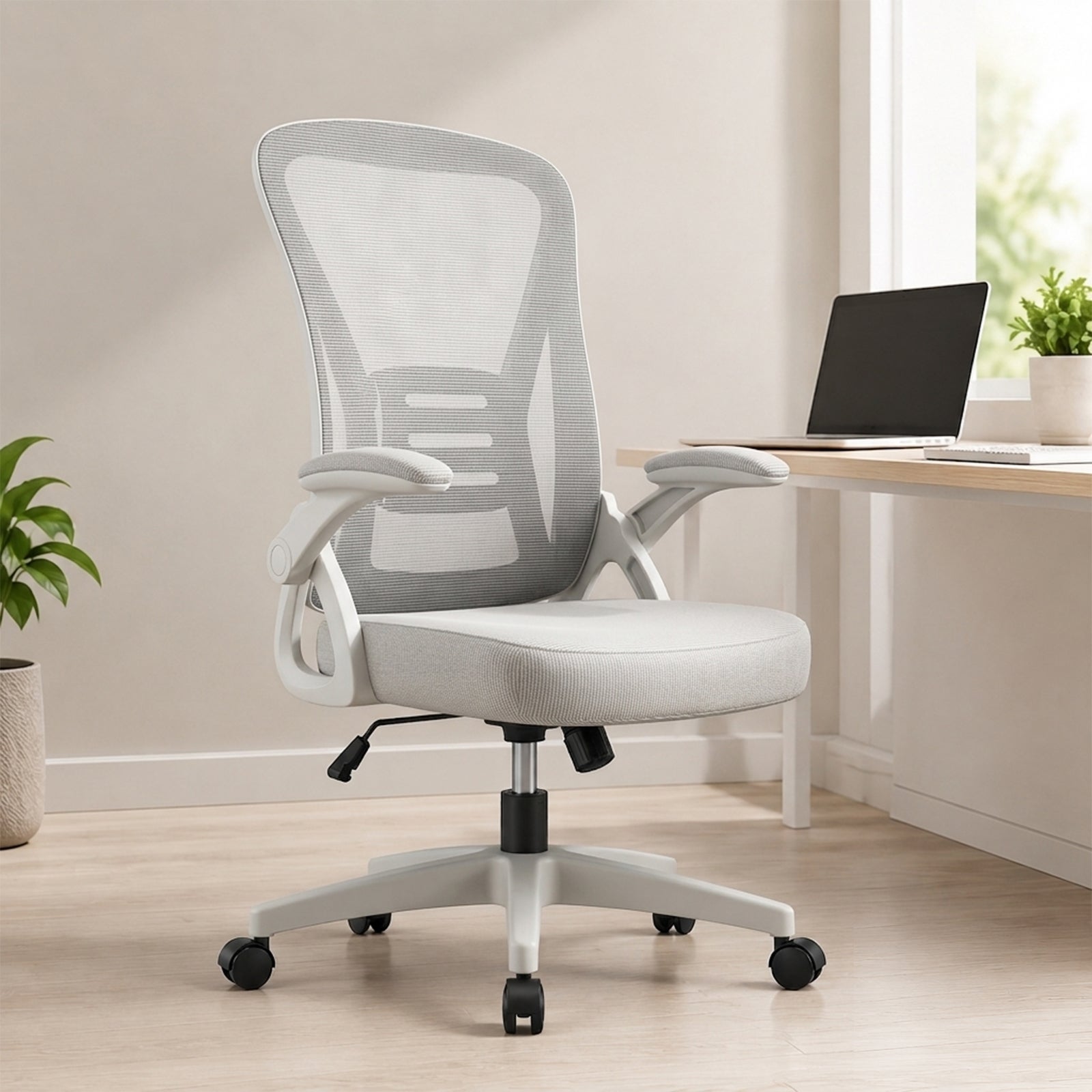 Fotel Biurowy Ergonomiczny Obrotowy z Siatki, Regulowane Podłokietniki, do 120 kg - Biały