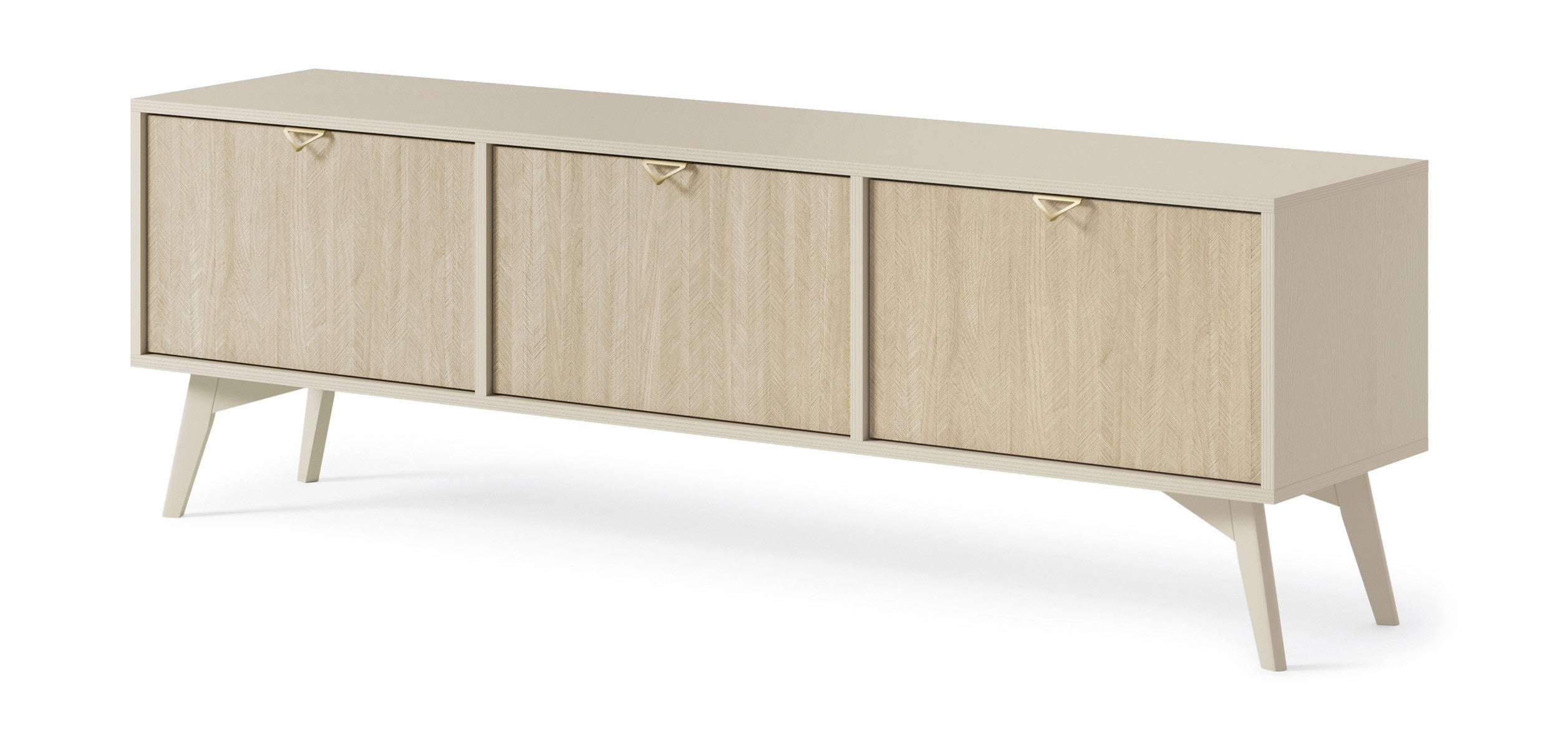 Szafka RTV FIRR 158 cm – Piaskowy beż + Jodełka Scandi, 3 drzwiczki, złote uchwyty