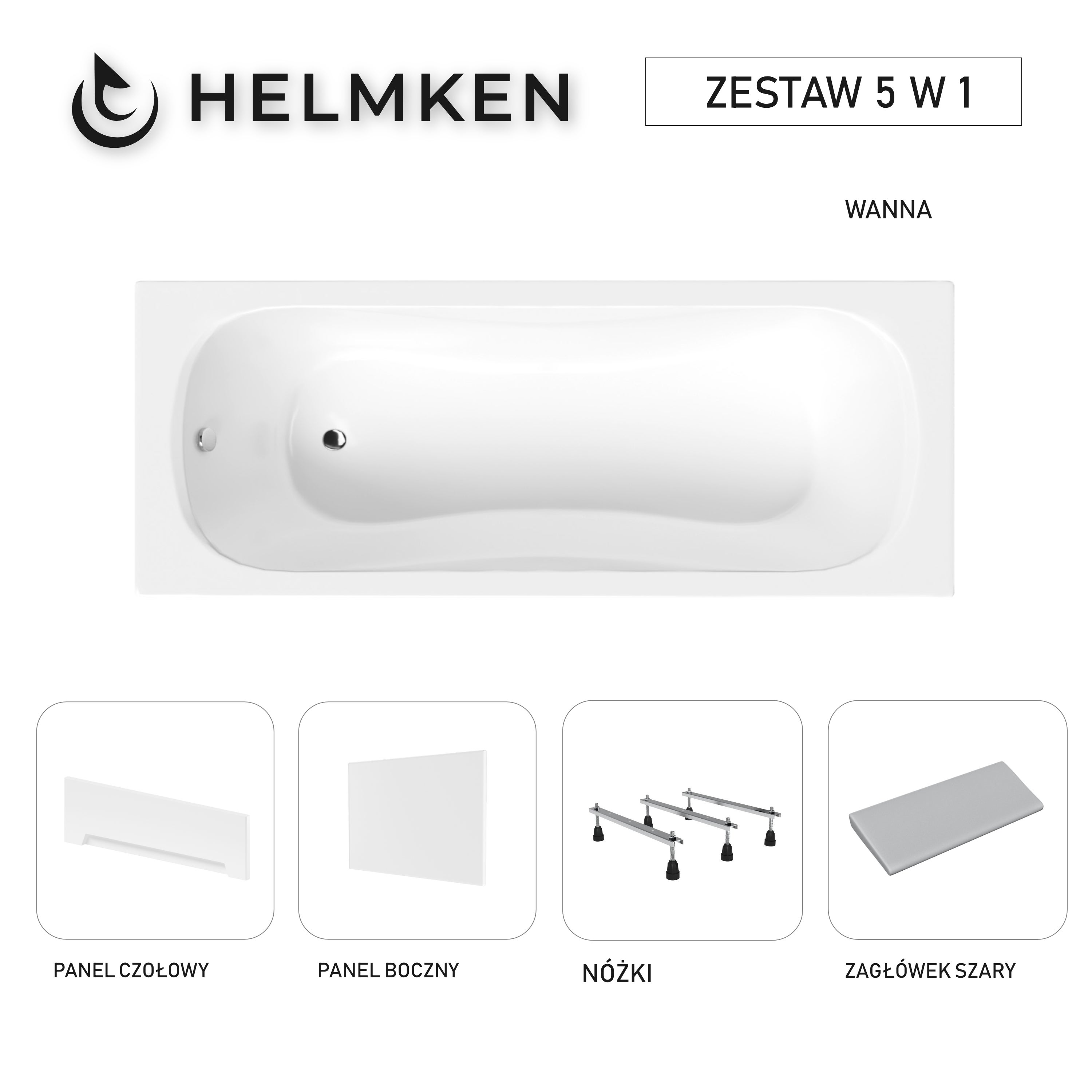 Wanna akrylowa Helmken Edelva 130 х 70 + Panel czołowy i boczny Biały + Zagłówek szary + Nóżki / 23094001ZW