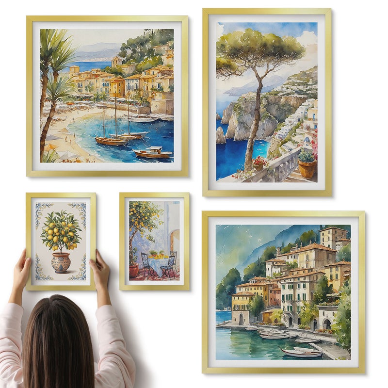 Galeria ścienna 5-częściowy komplet obrazów w złotych ramach - Stylowe widoki nadmorskich miasteczek i krajobrazów włoskich - ArtPrintCave