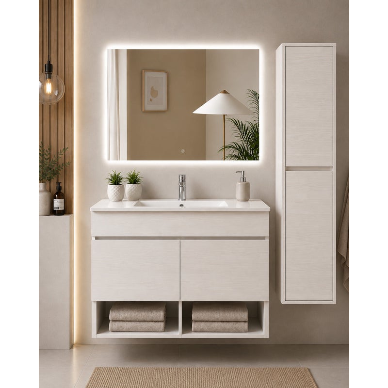 Wisząca szafka łazienkowa z umywalką ORIGENBATH NEBARI z drzwiami z kolumną 50x40 cm biały nordycki z kolumną