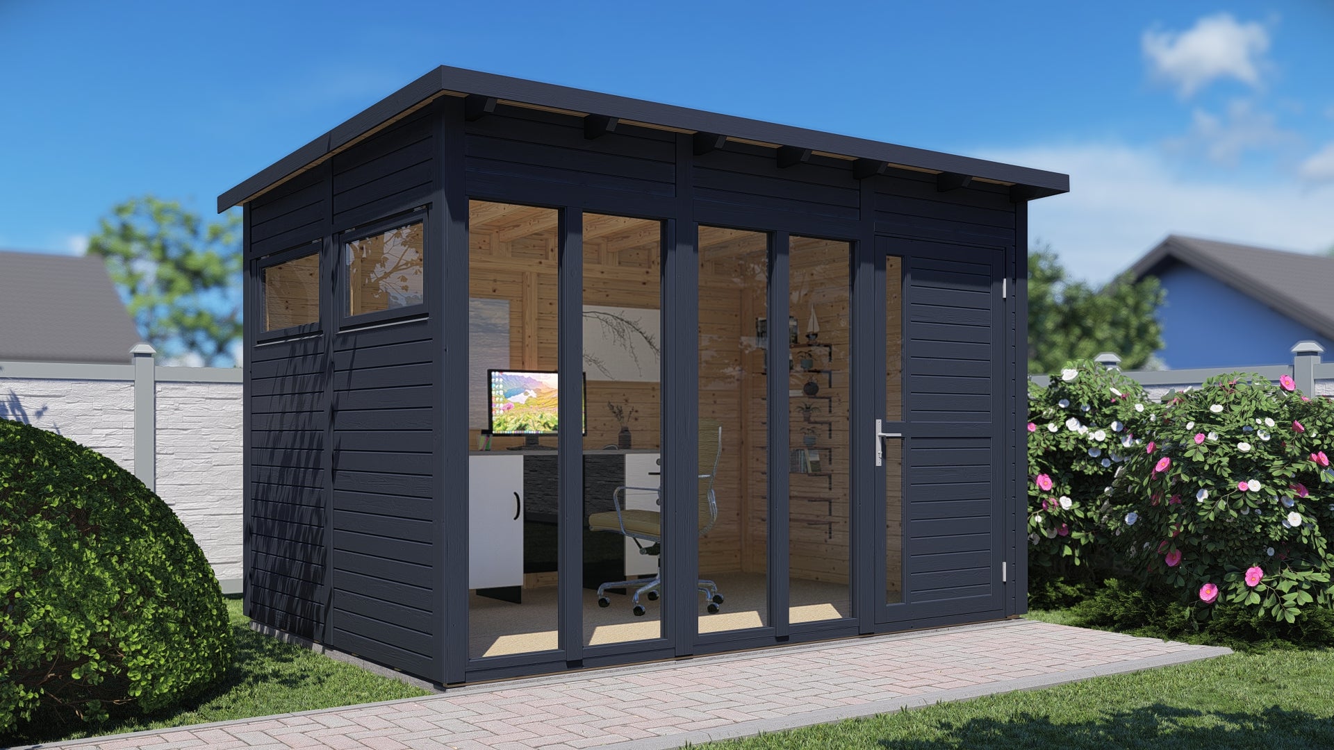 Domek ogrodowy BERTILO Pentus 3 Office z podłogą, ściany 19 mm, kolor antracytowy