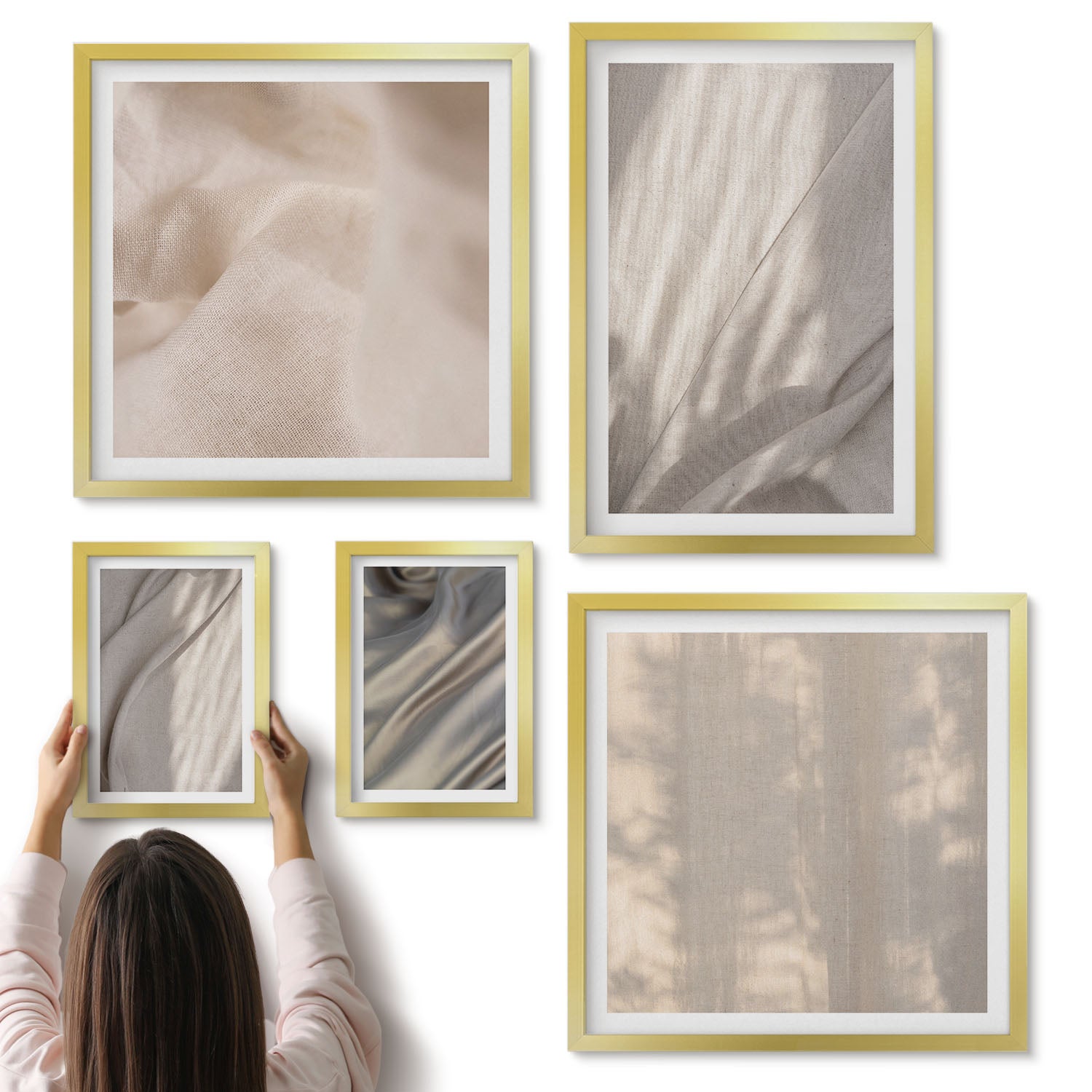Galeria ścienna 5-częściowy komplet obrazów w złotych ramach - Naturalne tkaniny struktury w zbliżeniua boho - ArtPrintCave