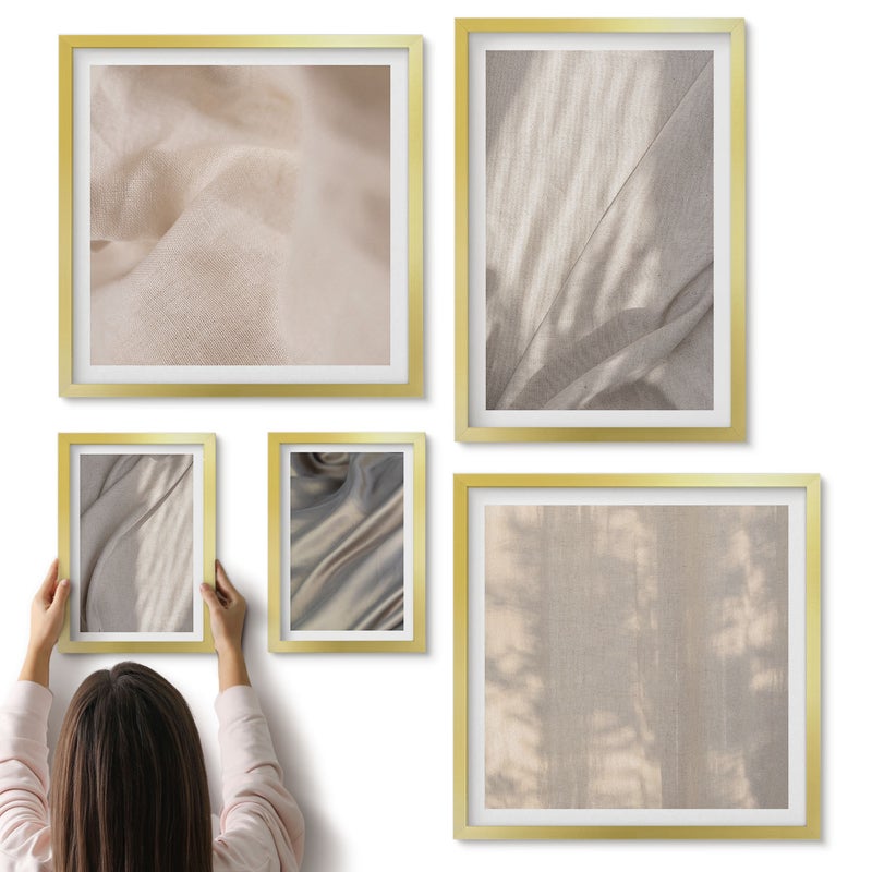 Galeria ścienna 5-częściowy komplet obrazów w złotych ramach - Naturalne tkaniny struktury w zbliżeniua boho - ArtPrintCave