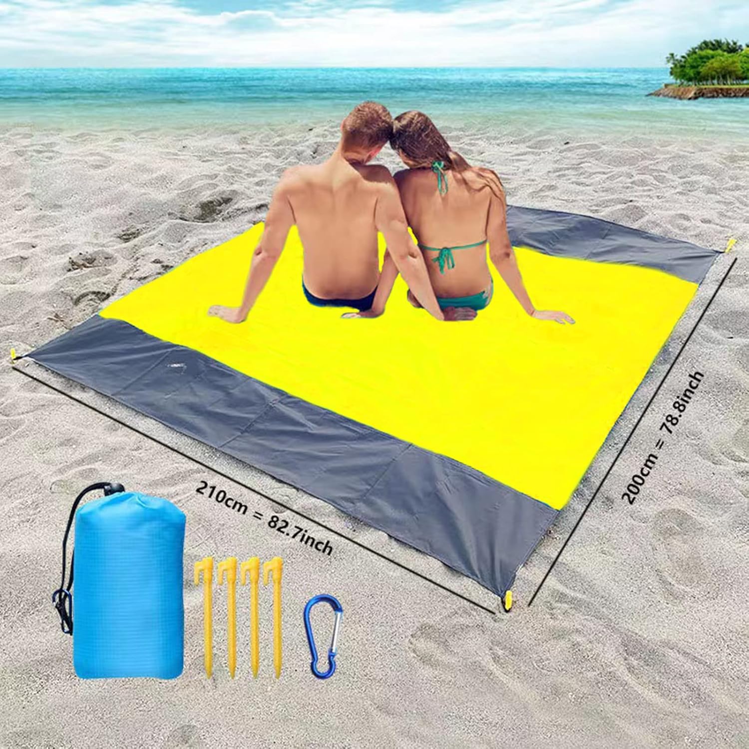 (Żółty) koc plażowy, piknikowy, 200x210 cm, ultralekki, wodoodporny, do użytku na zewnątrz, na plaży i na kempingu, przenośny, szybkoschnący.