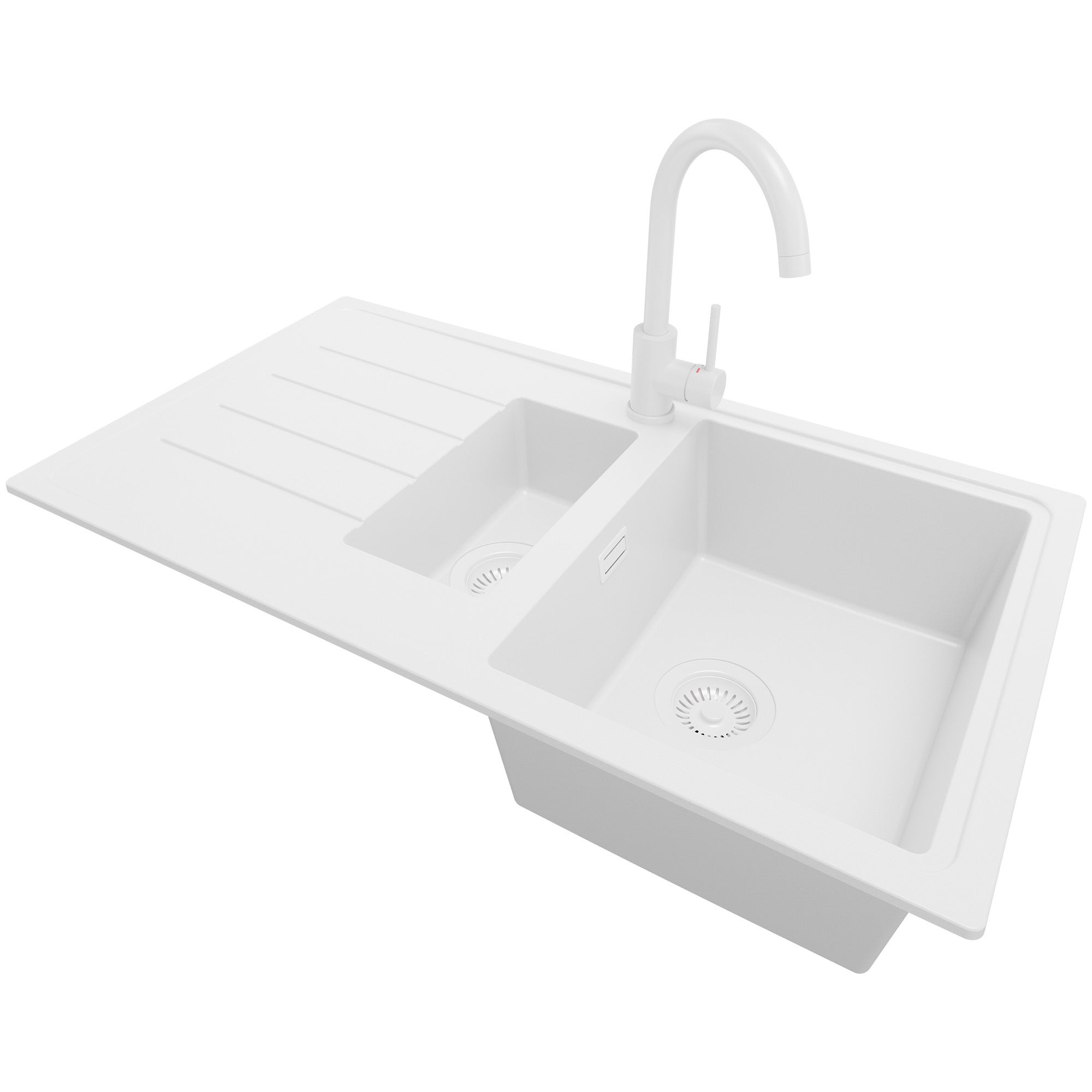 Zlewozmywak Granitowy Cały Biały 90x50cm, Zlew Kuchenny 1,5 Komorowy + Bateria 32x20cm + Syfon, Nablatowy do szafki od 60cm - Kopenhaga Duo PRIMAGRAN