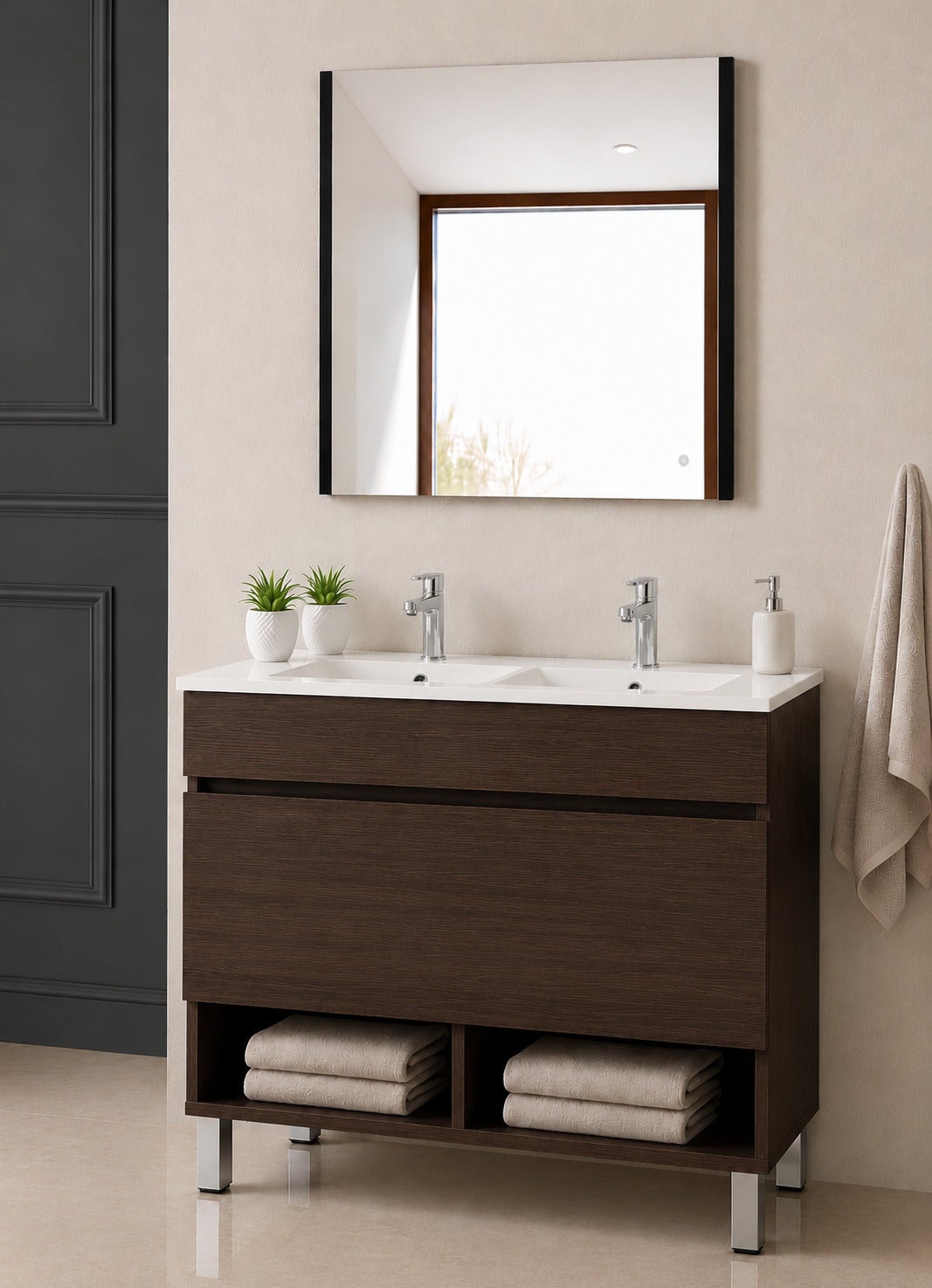 Szafka łazienkowa na nóżkach z umywalką ORIGENBATH NEBARI na nóżkach z szufladą 120x45 cm podwójna umywalka jesion tea