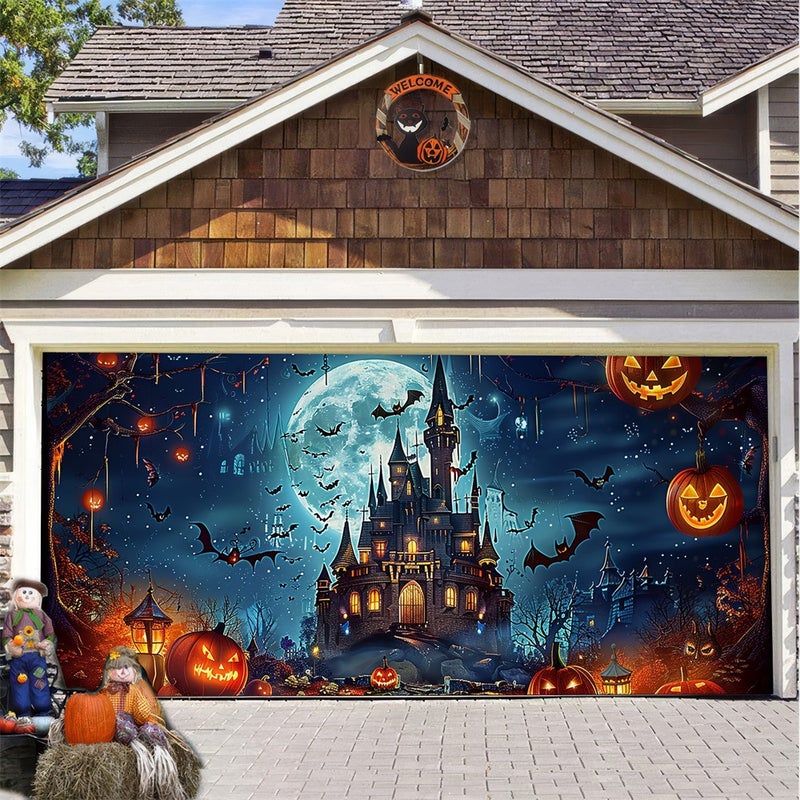 Baner na drzwi garażowe na Halloween z dyniowym zamkiem w stylu horroru, wodoodporne tło z tkaniny do dekoracji na imprezę na świeżym powietrzu