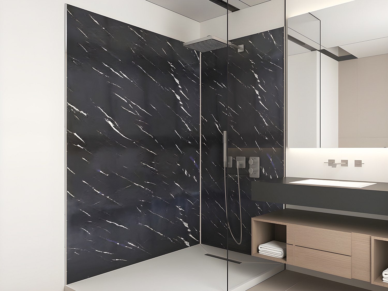 Zestaw 2 paneli ściennych aluminiowych pod prysznic z efektem marmuru z profilami - szer. 90 x szer. 120 x wys. 210 cm - ENEKO