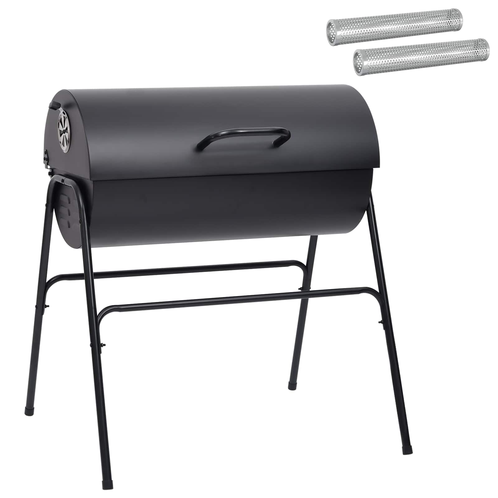 Grill Węglowy Beczkowy Czarny z 2 Rusztami i 2 Wędzarniami