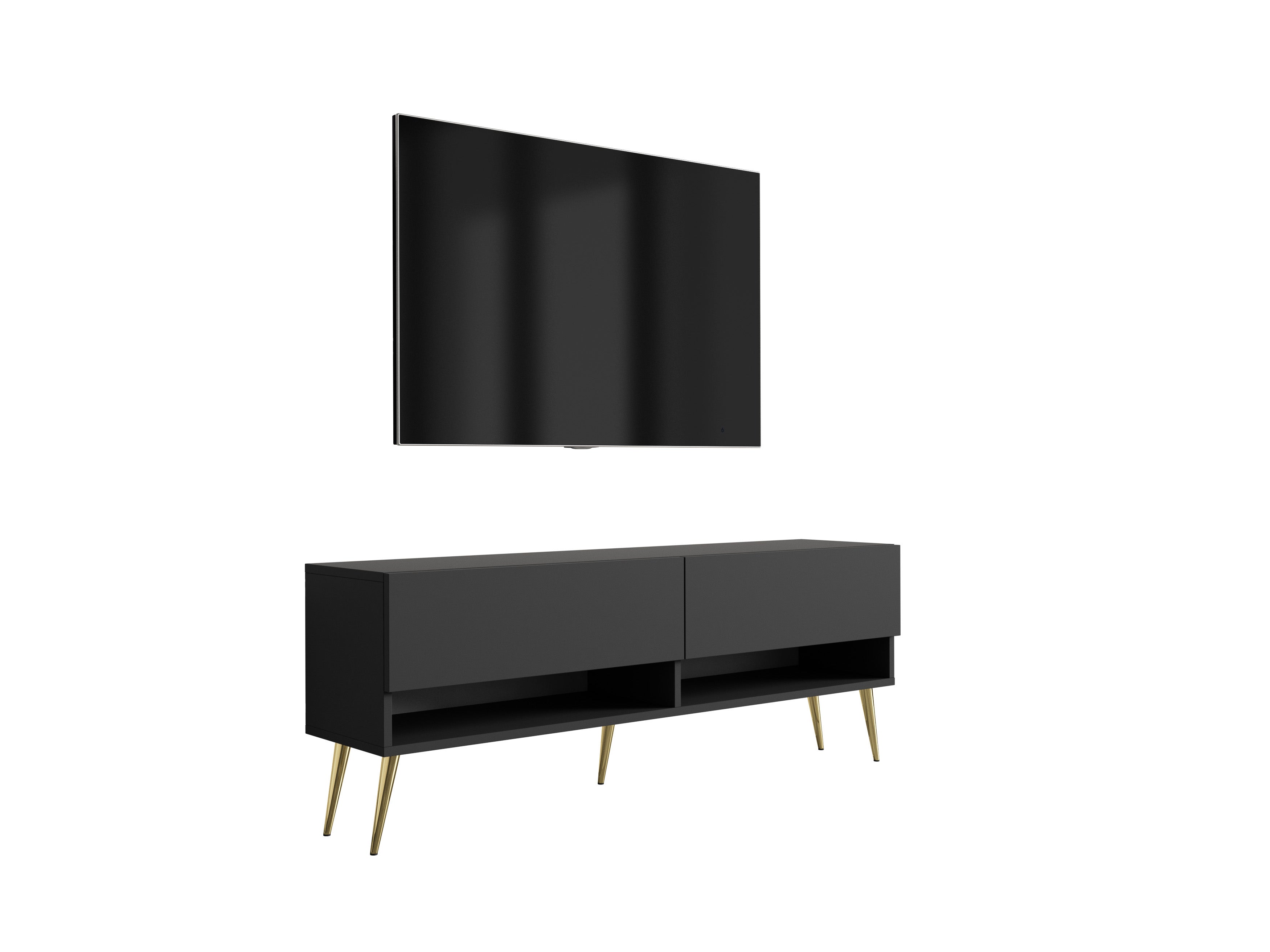 Szafka pod telewizor 140 cm Czarny Mat, nóżki pochyłe złote, 140 × 32 × 52 cm