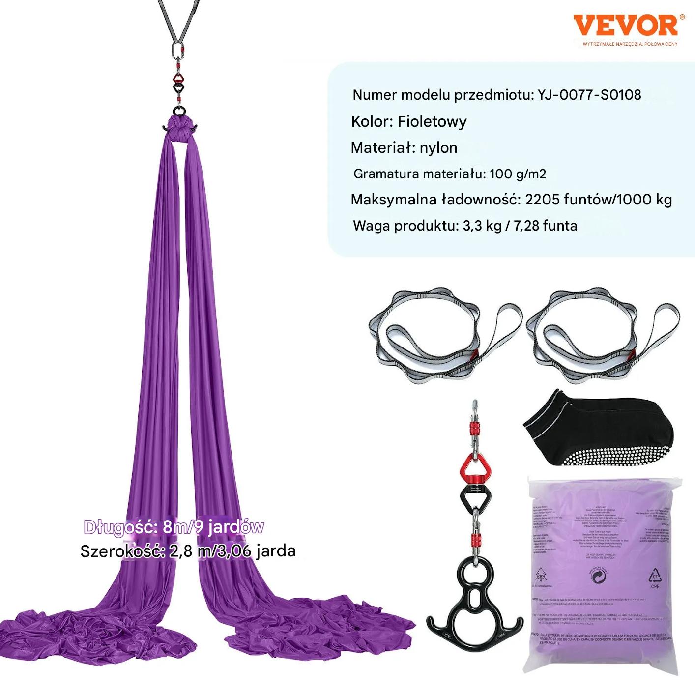 Hamak aerial yoga 8m z osprzętem 100gsm nylon do treningu fioletowy