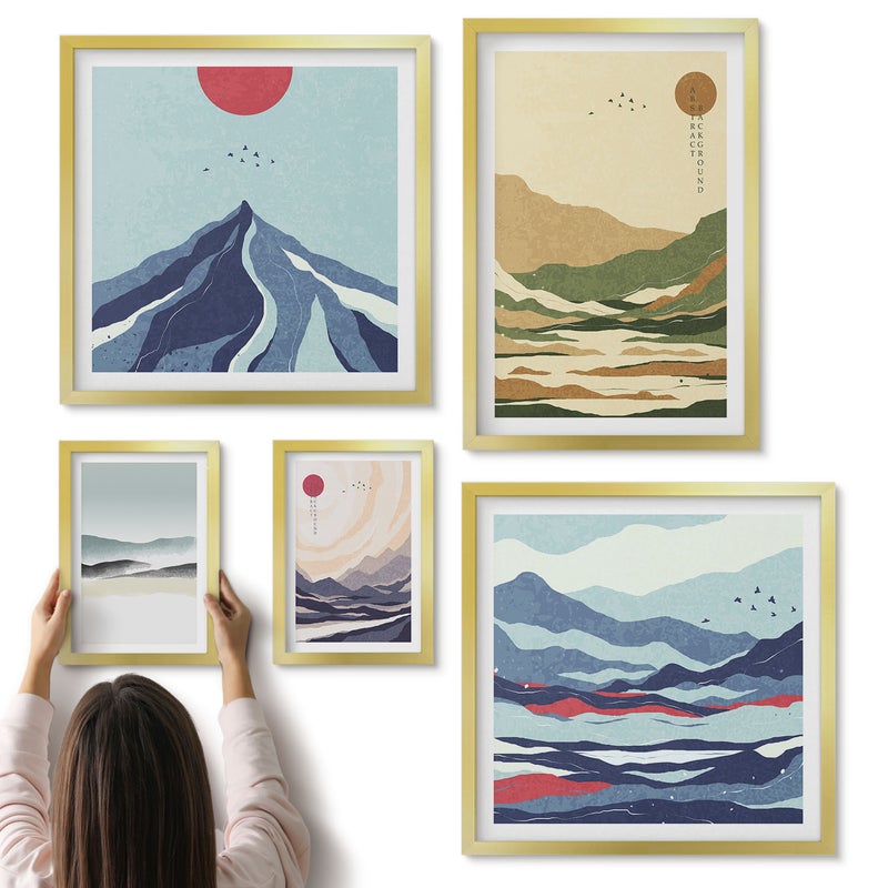 Galeria ścienna 5-częściowy komplet obrazów w złotych ramach - Krajobrazy górskie z minimalistycznymi motywami natury - ArtPrintCave
