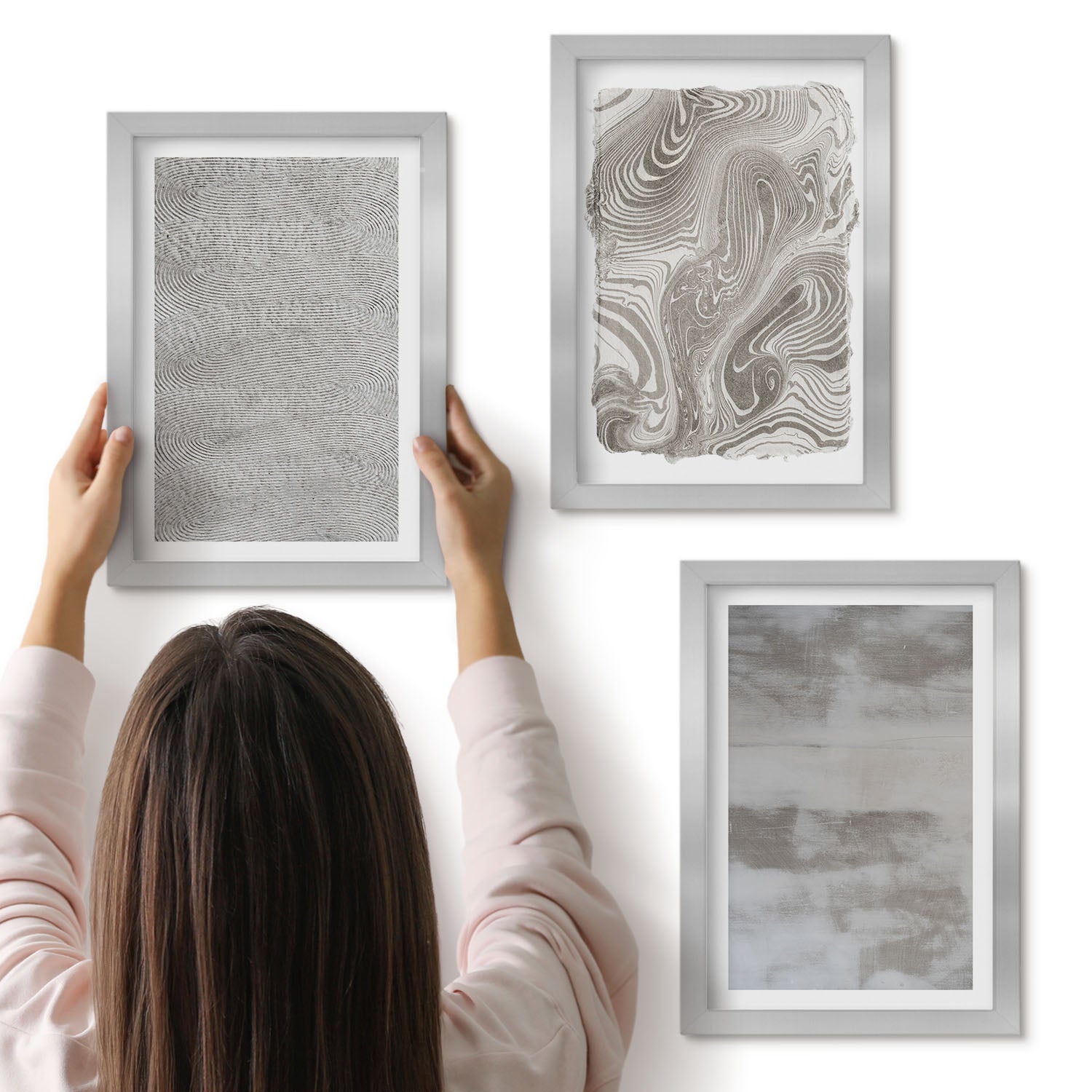 Galeria ścienna 3-częściowy komplet obrazów w srebrnych ramach - Industrialne struktury abstrakcyjne wzornictwo - ArtPrintCave