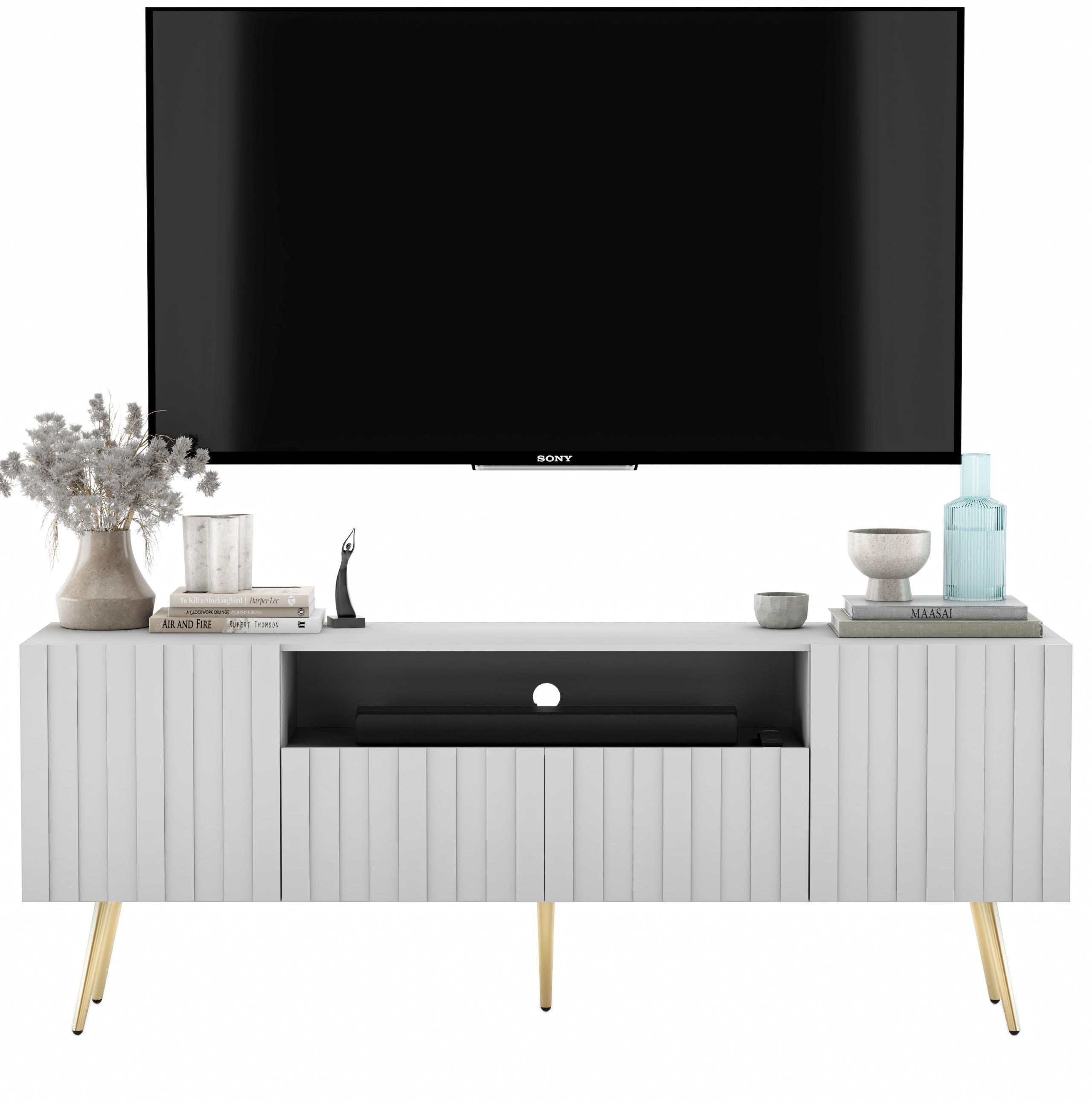 Szafka RTV Glamour 150 cm biały mat, ryflowane fronty, komoda RTV do nowoczesnego salonu
