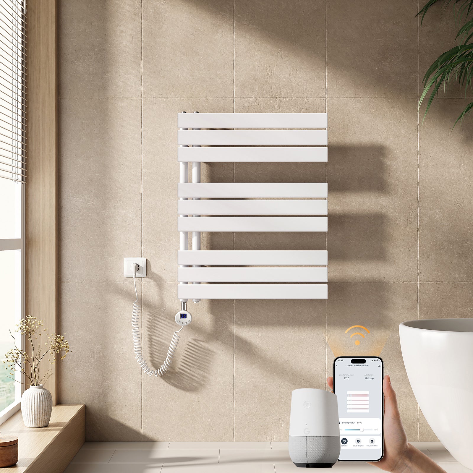 EMKE Grzejnik elektryczny łazienkowy 400W 76,2x60 cm Biały z termostatem, funkcją Antybakteryjną