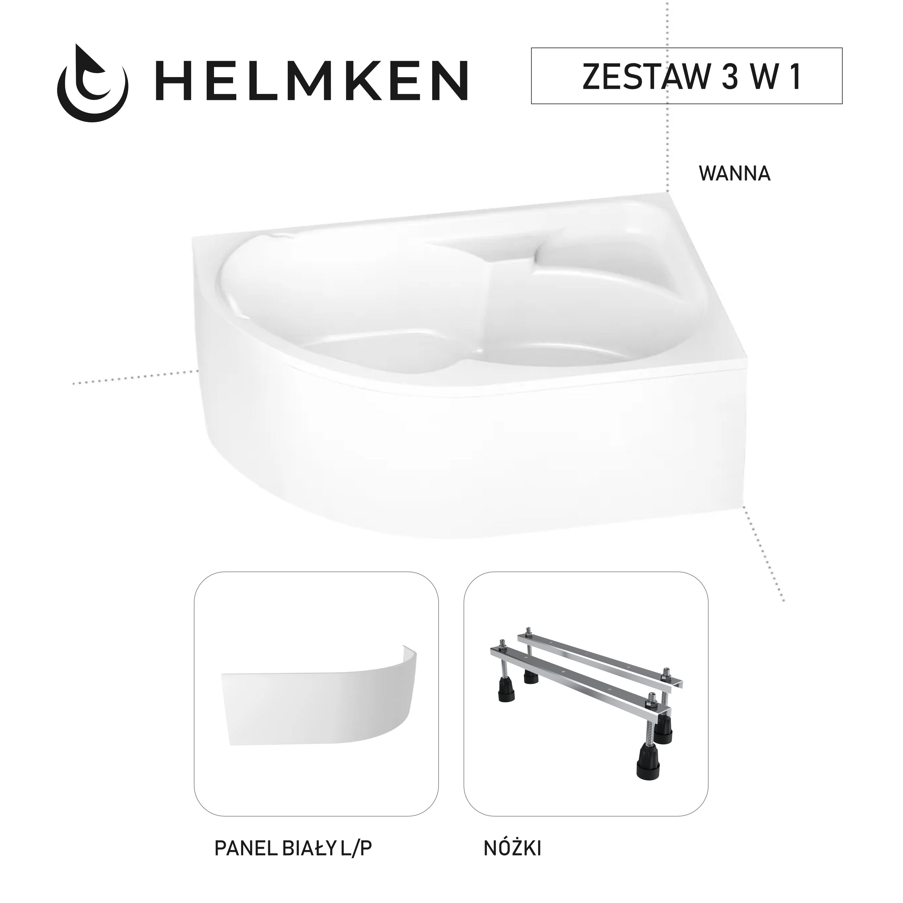 Wanna narożna Helmken Geneva 170x105 Prawa z akrylu lanego Wzmocniona + Panel biały + Nóżki / 3503170RZW