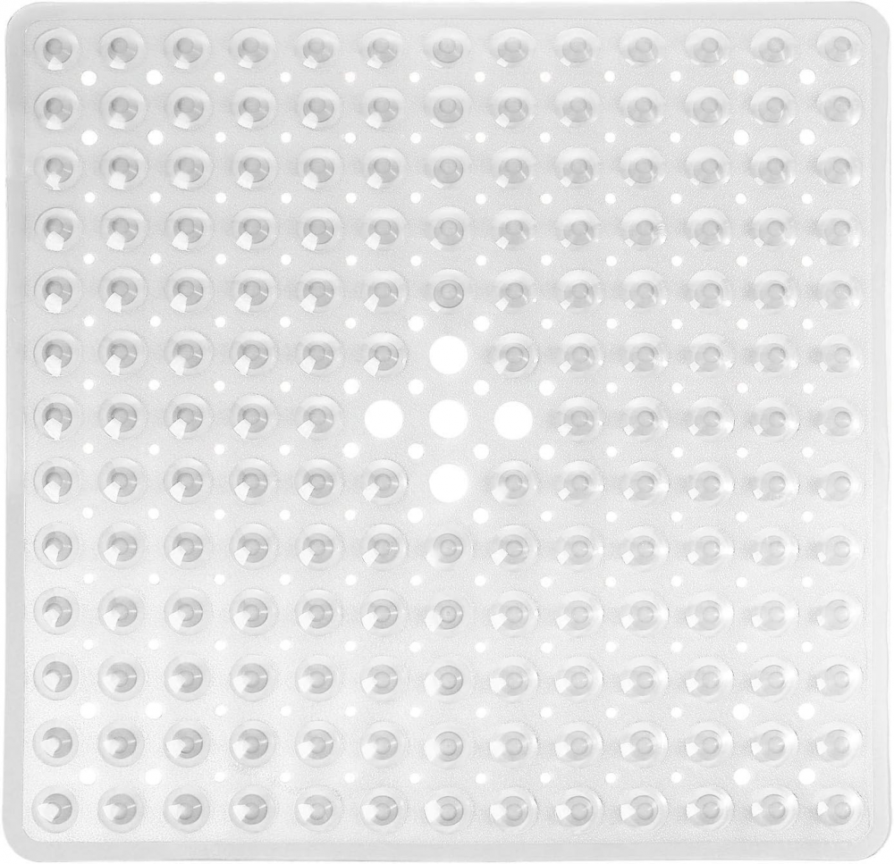 Mata antypoślizgowa pod prysznic - 53 x 53 cm - transparentna (przezroczysta) - z przyssawkami i otworem odpływowym - kwadratowa - PVC
