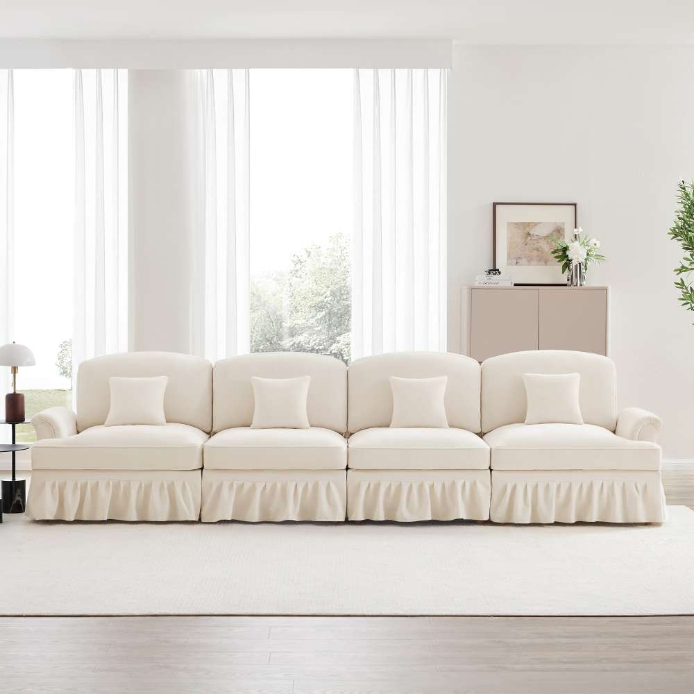 Sofa 4-osobowa w stylu Mid-Century z aksamitu, ze zwężanymi podłokietnikami, odpinanym fartuchem i nogami wrzecionowymi – wygodna do salonu