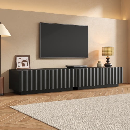Nowoczesna szafka RTV 200x40x35 cm - Z 4 szufladami - Duży blat - MDF + płyta wiórowa - Czarna