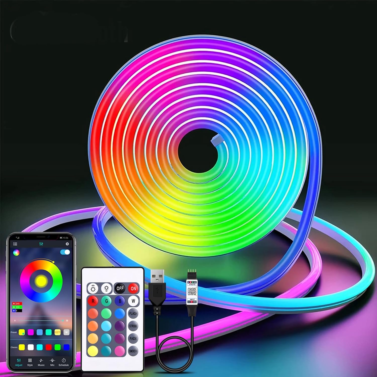 Taśma LED RGB 5M 5V USB, neonowa taśma LED z aplikacją Bluetooth i pilotem do oświetlenia dekoracyjnego w pomieszczeniach