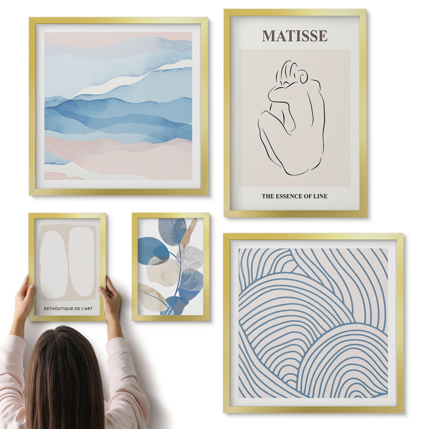 Galeria ścienna 5-częściowy komplet obrazów w złotych ramach - Stylowe grafiki z abstrakcyjnymi motywami i naturą - ArtPrintCave