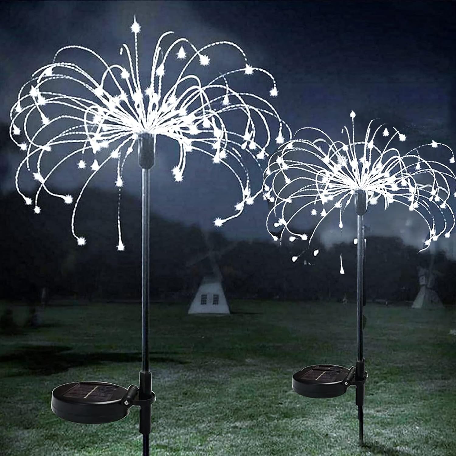 Zestaw 2 solarnych lamp w kształcie fajerwerków - 150 diod LED Fairy Starburst - Dekoracyjna girlanda zewnętrzna z 2 trybami - Wodoodporna - (biała)