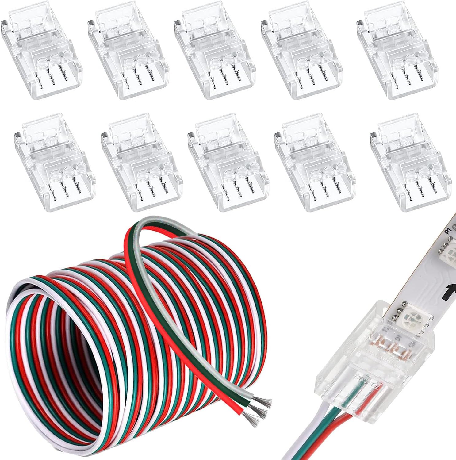Zestaw 10-częściowych złączy do taśm LED 10 mm, 3-pinowych, złącza do taśm LED 10 mm + przedłużacz LED DC 12 V–24 V o długości 5 m do ta