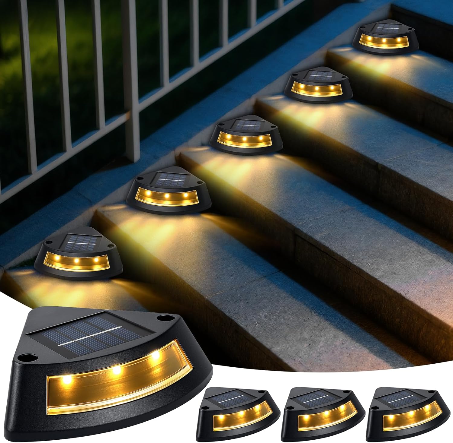 Zewnętrzne lampy solarne do schodów, zestaw 4 wodoodpornych lamp solarnych IP65 do ogrodu, ciepłe białe oświetlenie schodów LED do ogrodu