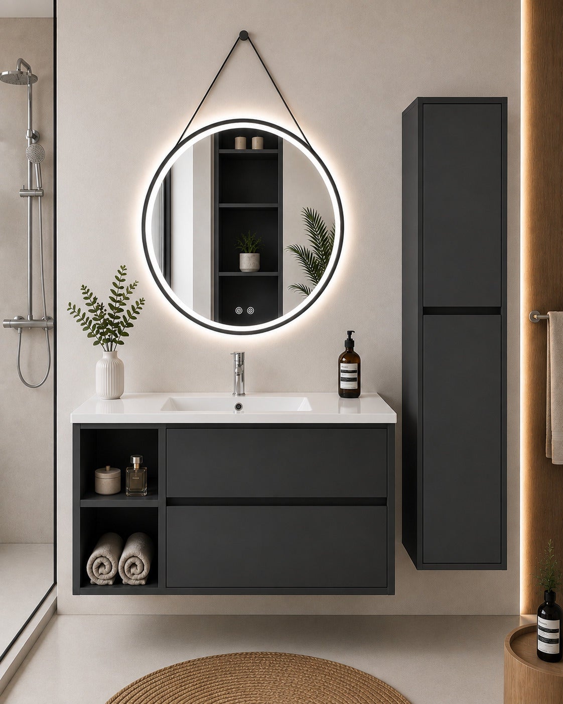 Szafka łazienkowa z umywalką ORIGENBATH ZEUS bez lustra 100x45 cm Lewa strona grafitowy z kolumną
