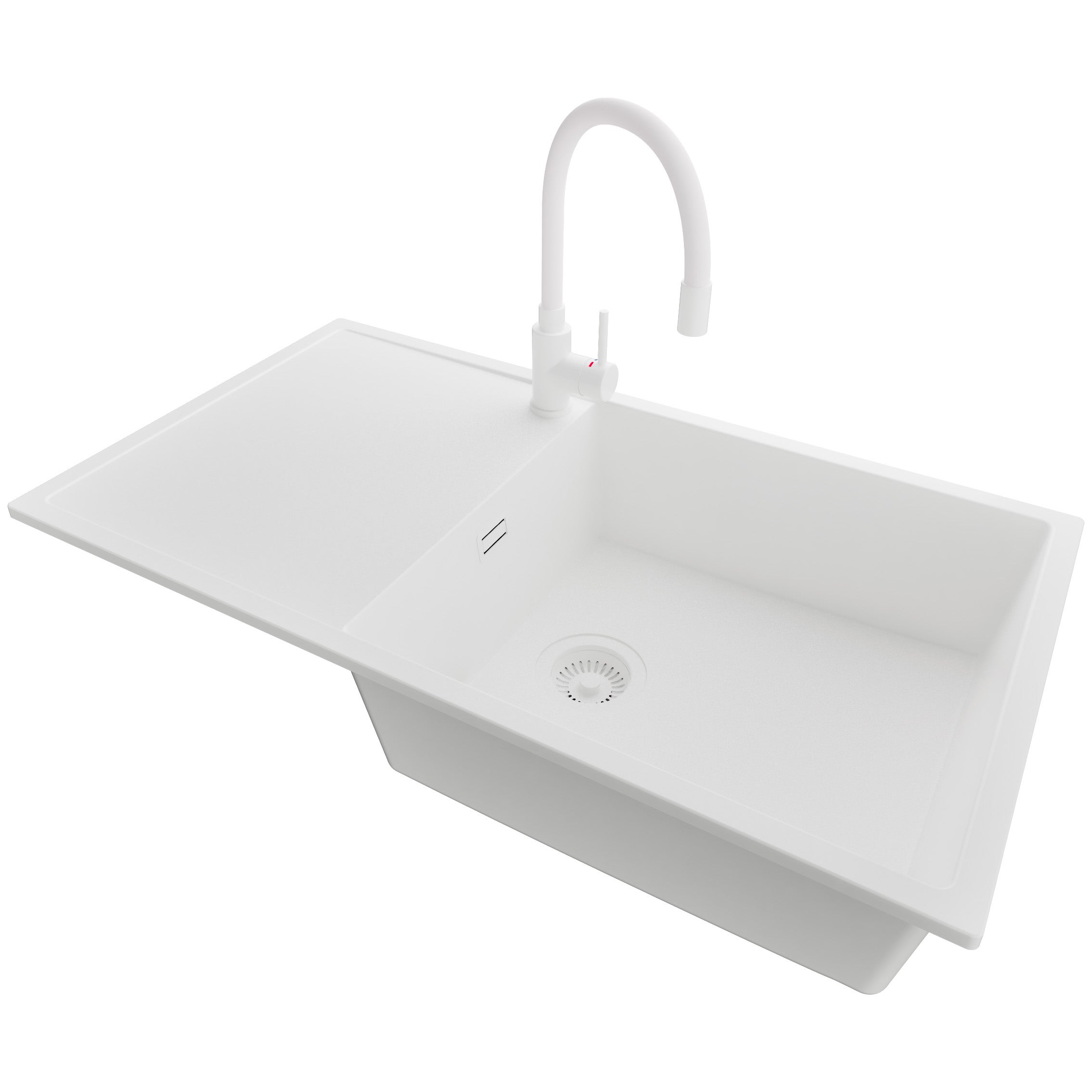 Zlewozmywak Granitowy Cały Biały 90x50cm, Zlew Kuchenny 1 Komorowy + Bateria 38x14cm + Syfon, Nablatowy do szafki od 60cm - Ibiza PRIMAGRAN
