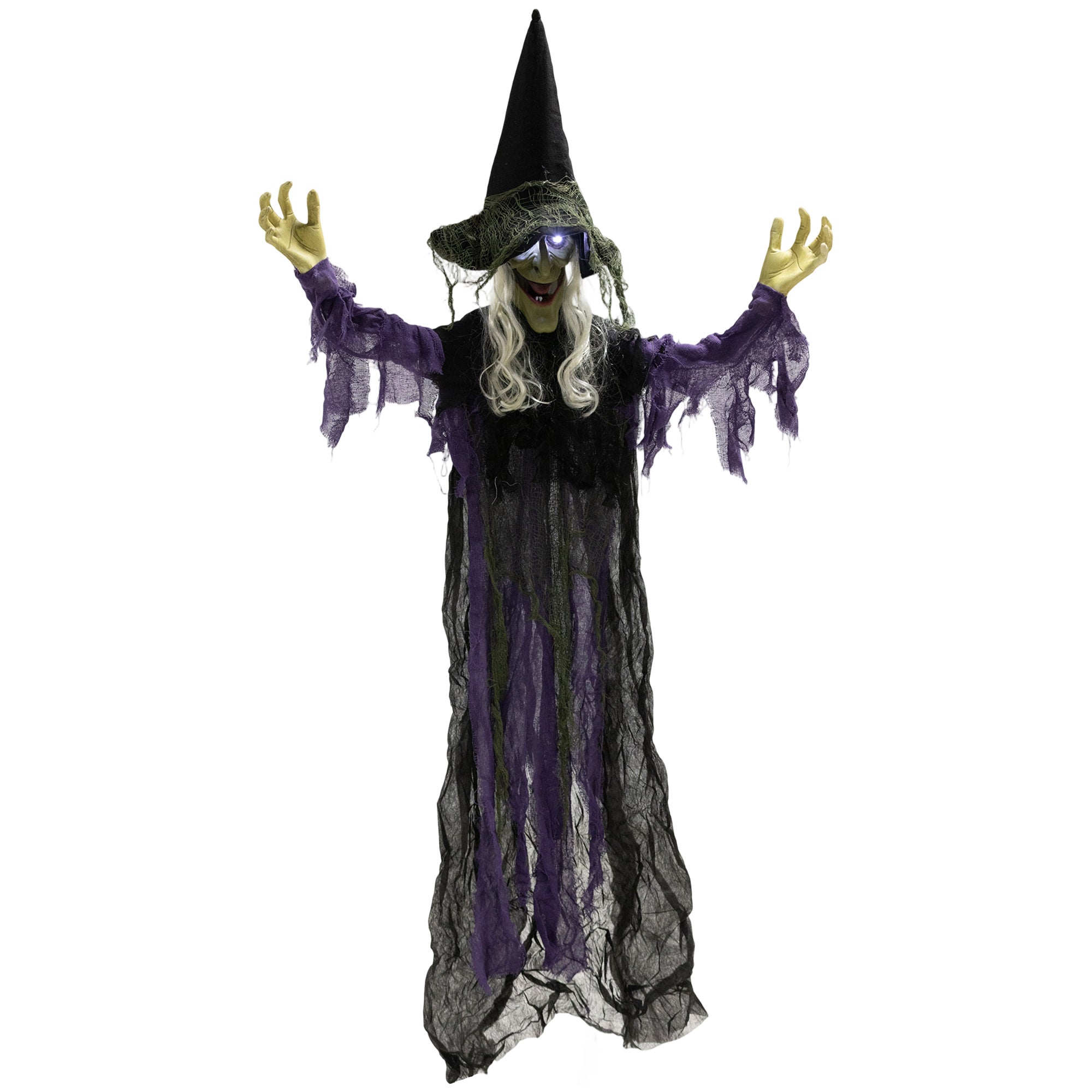 Wisząca czarownica o wysokości 183 cm na Halloween, z diodami LED, efektami dźwiękowymi, regulowanymi ramionami i ruchomymi ustami.