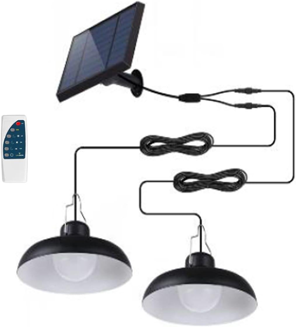 Podwieszana lampa solarna LED 2x WAREN – Metalowy klosz czarny – Biały zimny – Pilot – Czas pracy 10h – Wodoodporność IP44